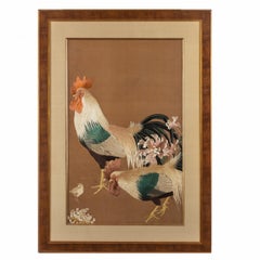 Meiji Period Needlework of Two Cockerels