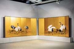 Meiji Period Painted Golden Screen with Cranes by Mochizuki Gyokkei from 1906