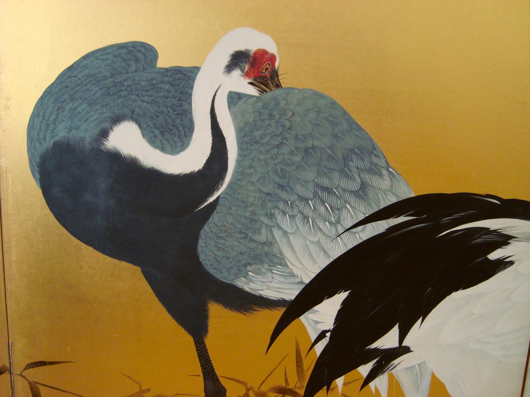 Early 20th Century Meiji Period Painted Golden Screen with Cranes by Mochizuki Gyokkei from 1906 For Sale
