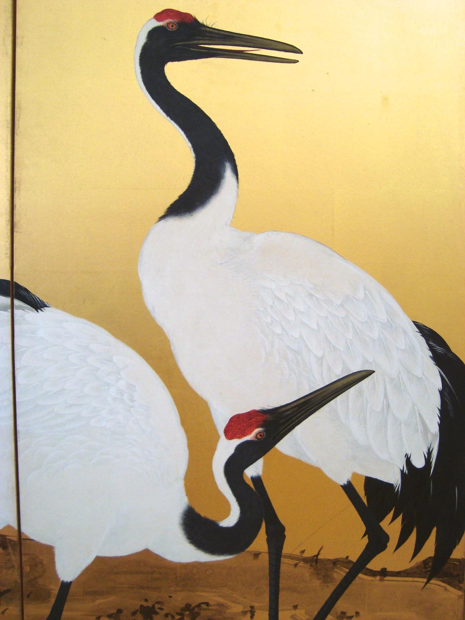 Gold Leaf Meiji Period Painted Golden Screen with Cranes by Mochizuki Gyokkei from 1906 For Sale