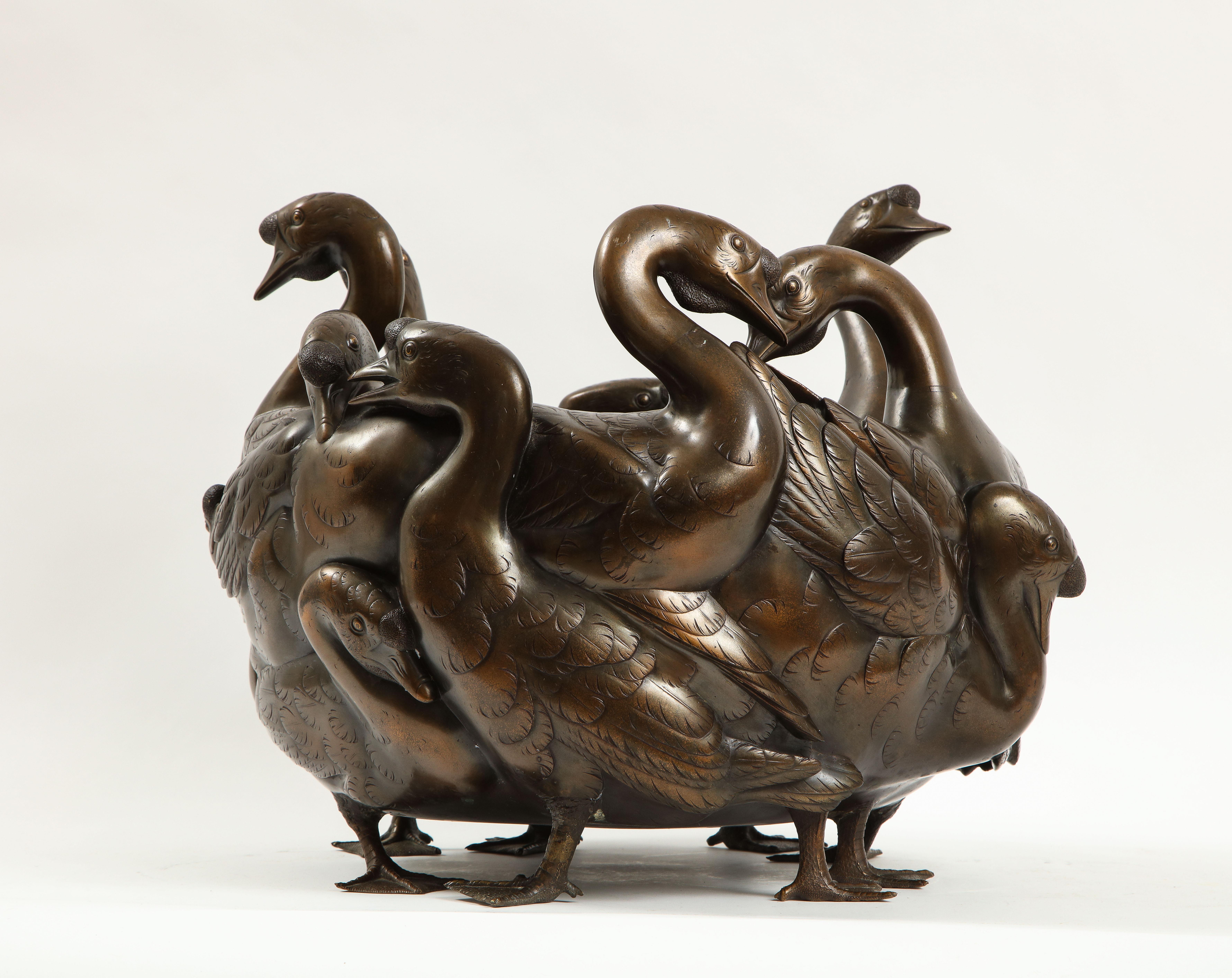 Cloissoné Meiji Period Rare Japanese Bronze Centerpiece of a Flock of Geese, Signed