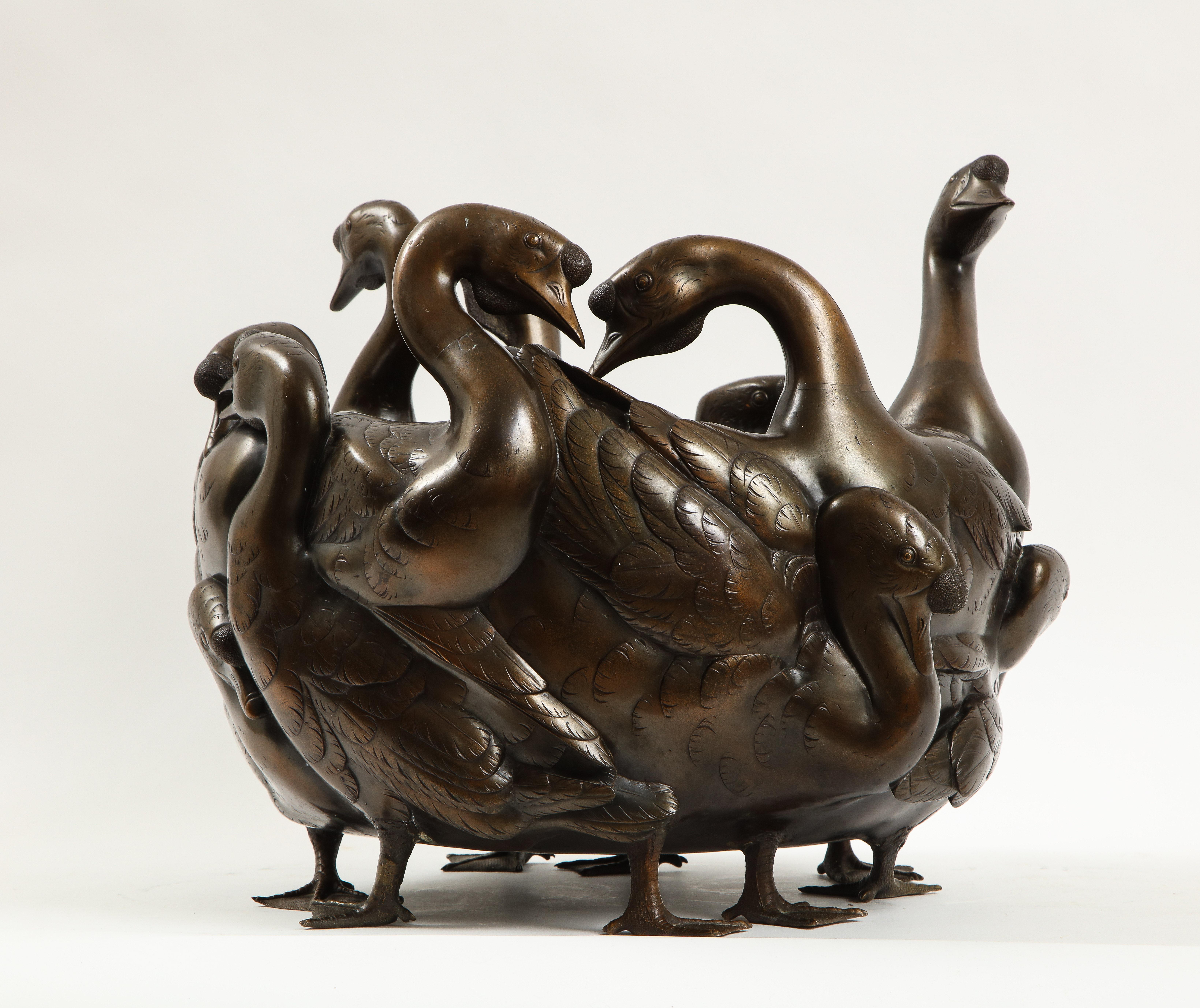 Meiji Period Rare Japanese Bronze Centerpiece of a Flock of Geese, Signed In Good Condition In New York, NY