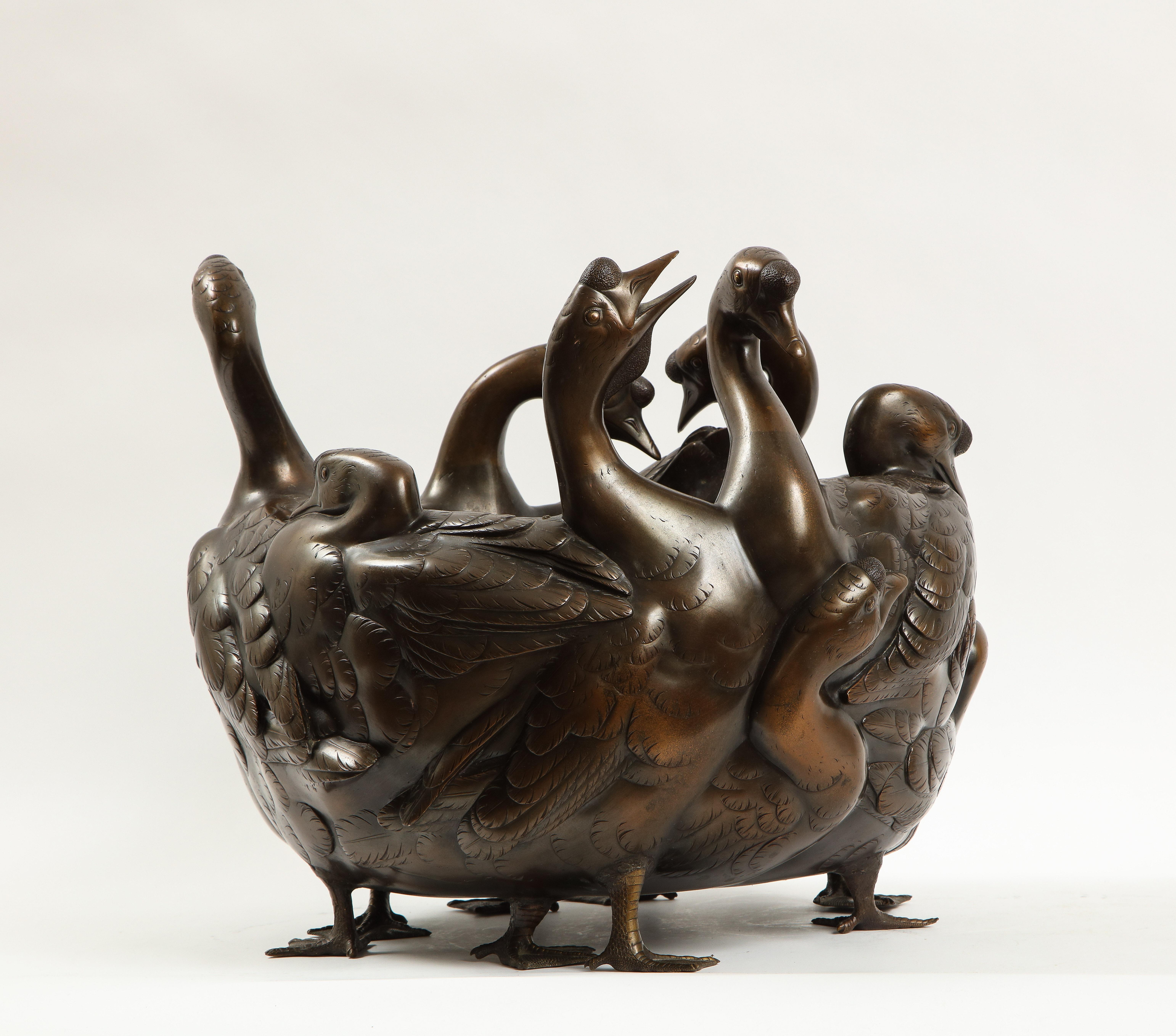 19th Century Meiji Period Rare Japanese Bronze Centerpiece of a Flock of Geese, Signed