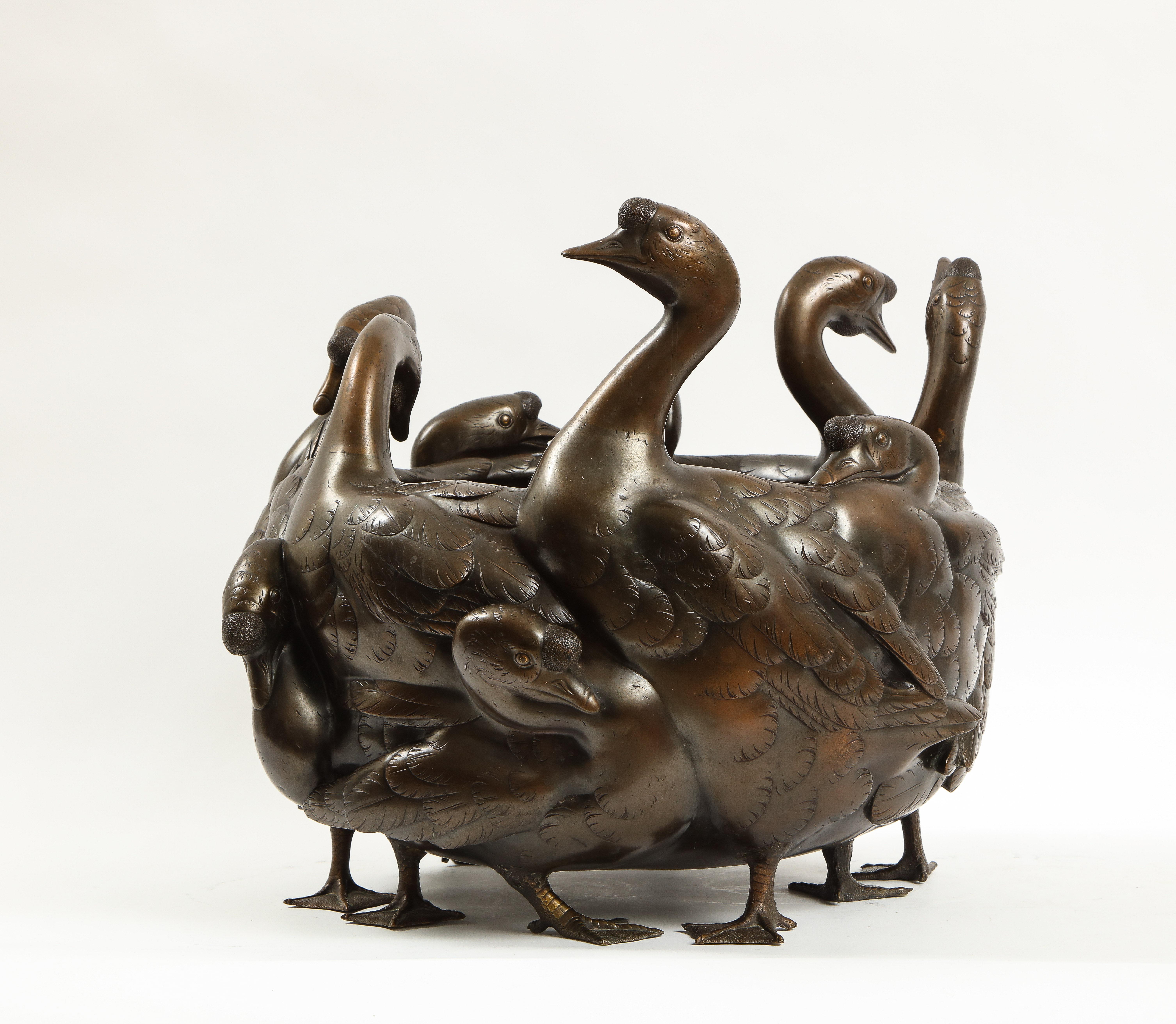 Meiji Period Rare Japanese Bronze Centerpiece of a Flock of Geese, Signed 1