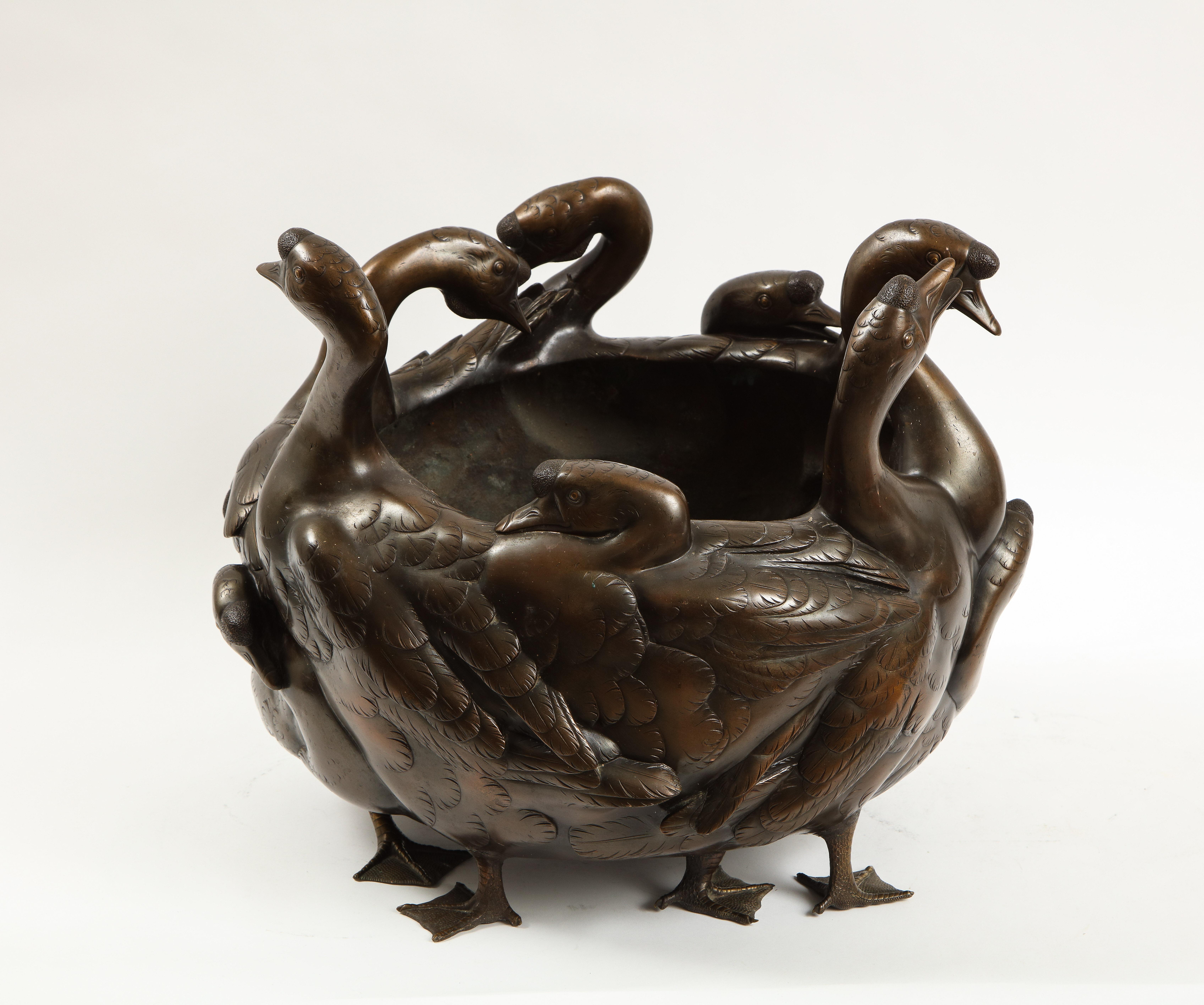 Meiji Period Rare Japanese Bronze Centerpiece of a Flock of Geese, Signed 3