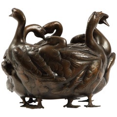 Meiji Period Rare Japanese Bronze Centerpiece of a Flock of Geese, Signed