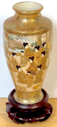 Meiji Period Satsuma Gilt Enameled Immortal & Geisha Vase & Stand by Kozan Zo