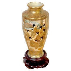 Meiji Period Satsuma Gilt Enameled Immortal & Geisha Vase & Stand by Kozan Zo