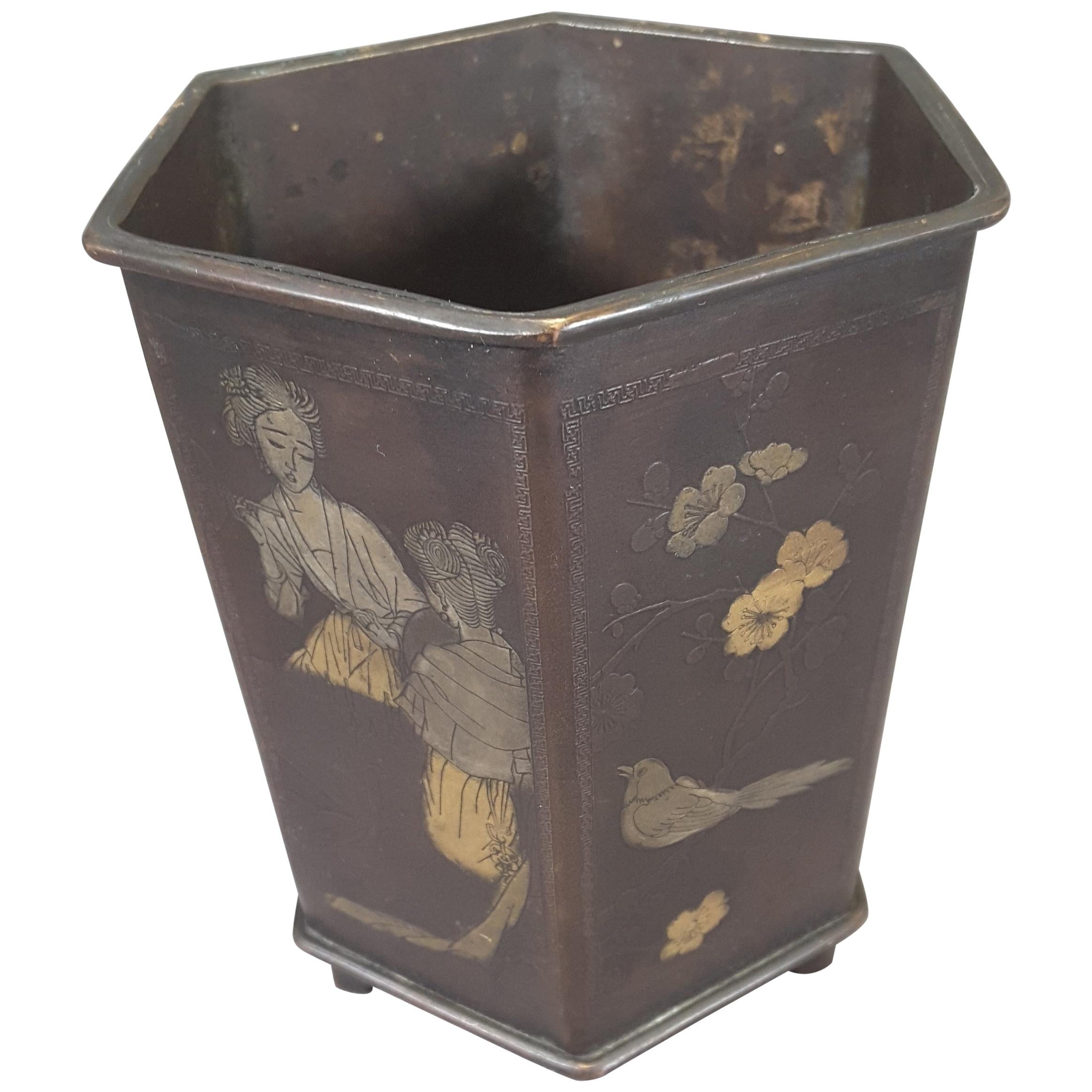 Vaso bonsai firmato in bronzo e metallo misto del periodo Meiji in vendita