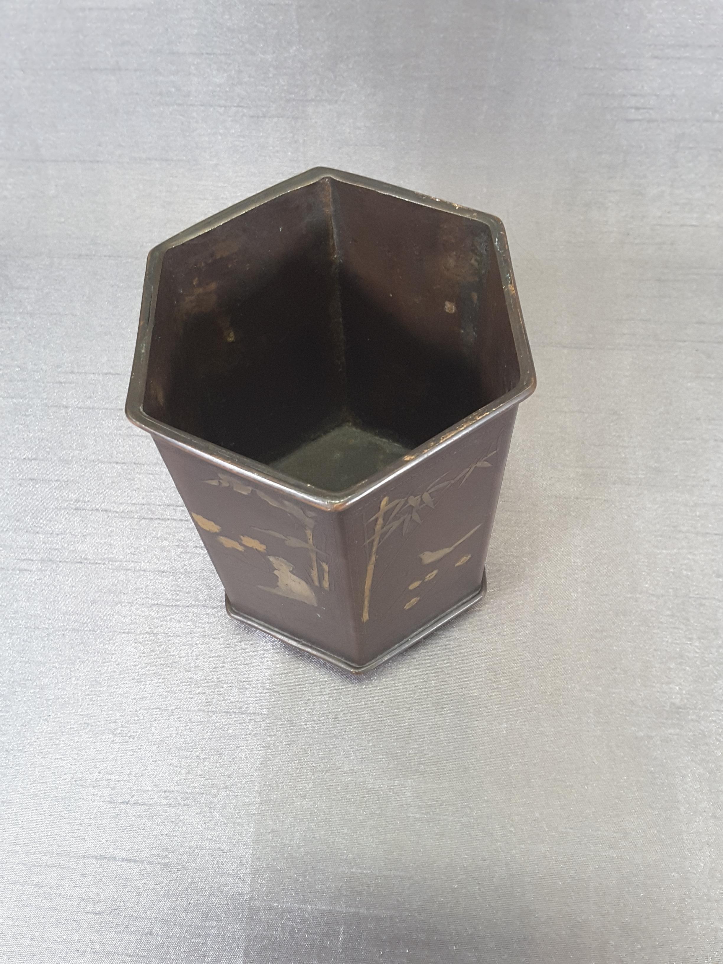 Meiji period (1868-1912) signed bronze and mixed metal bonsai planter or brush pot, polygon shaped (six sided) decorated with different scenes on each panel, decorated with female figures, birds, bamboo trees, flowers, etc. The top has a rolled top