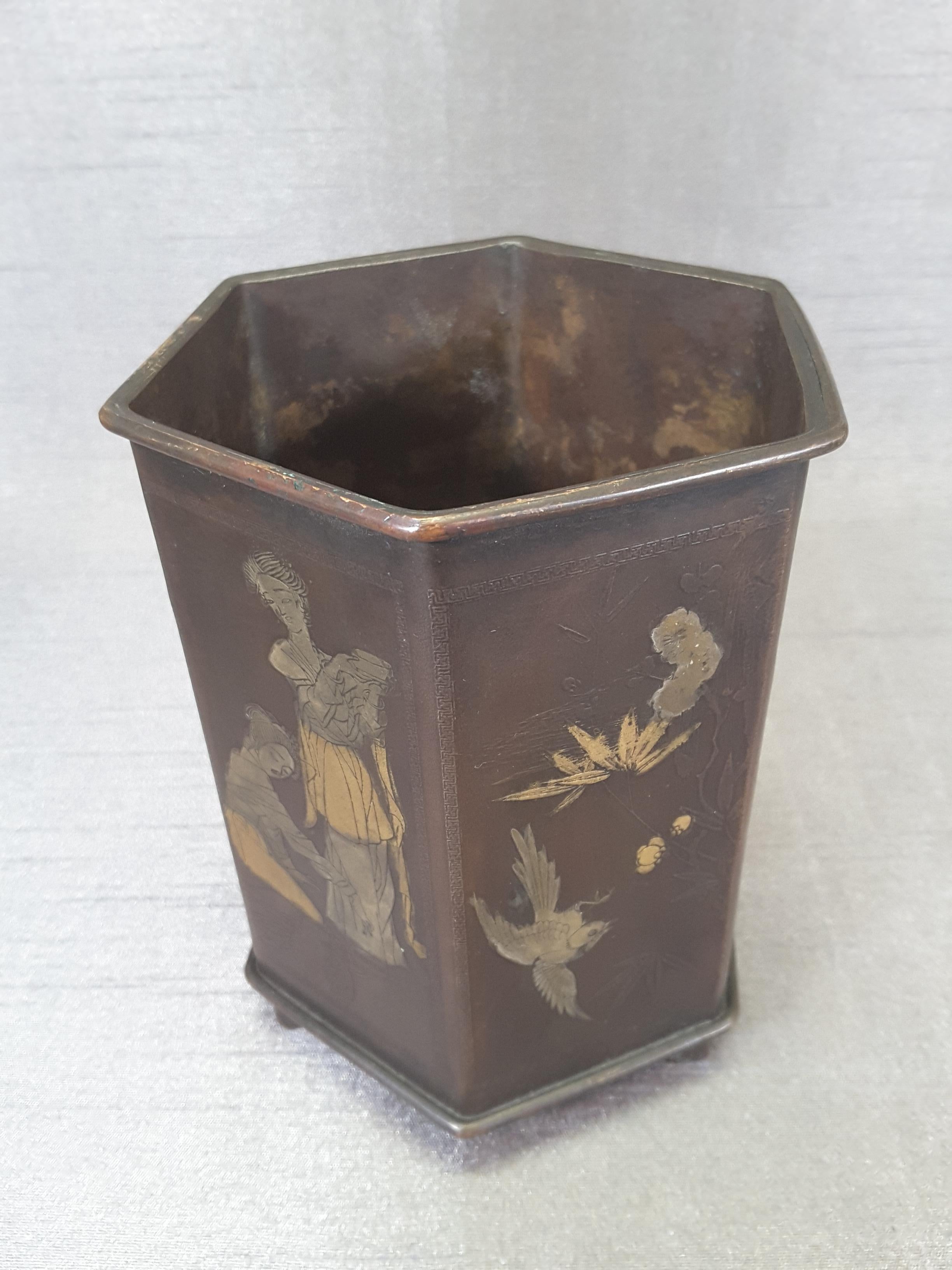 Meiji Period Signed Bronze and Mixed Metal Bonsai Planter or Brush Pot For Sale 2