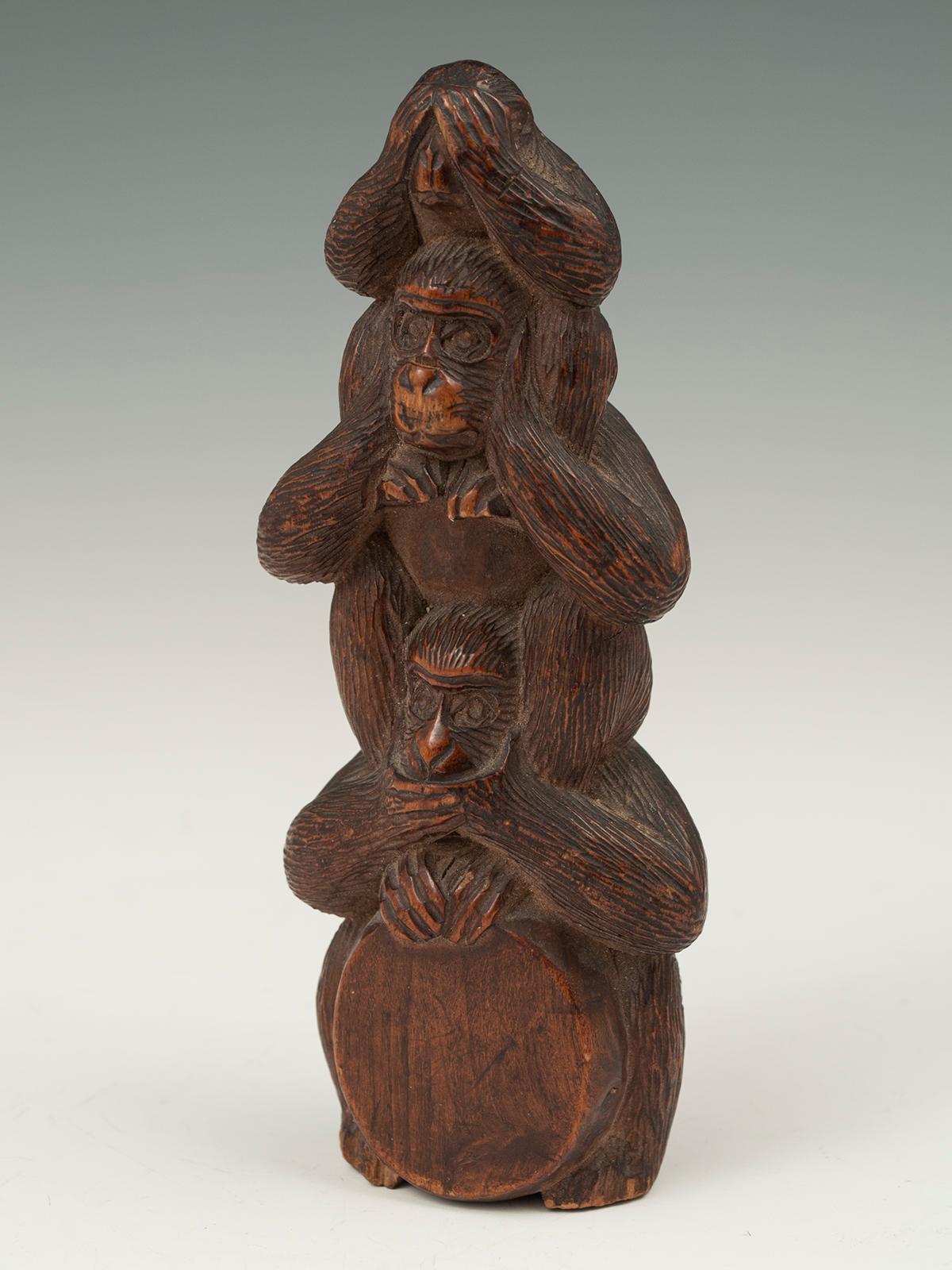 Hand-Carved Meiji Period Wood Stacked Monkey TOTEM, Japan
