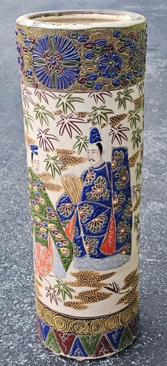 Meiji Satsuma Cylindrical Umbrella Stand Vase with Enamel Samurai Decoration