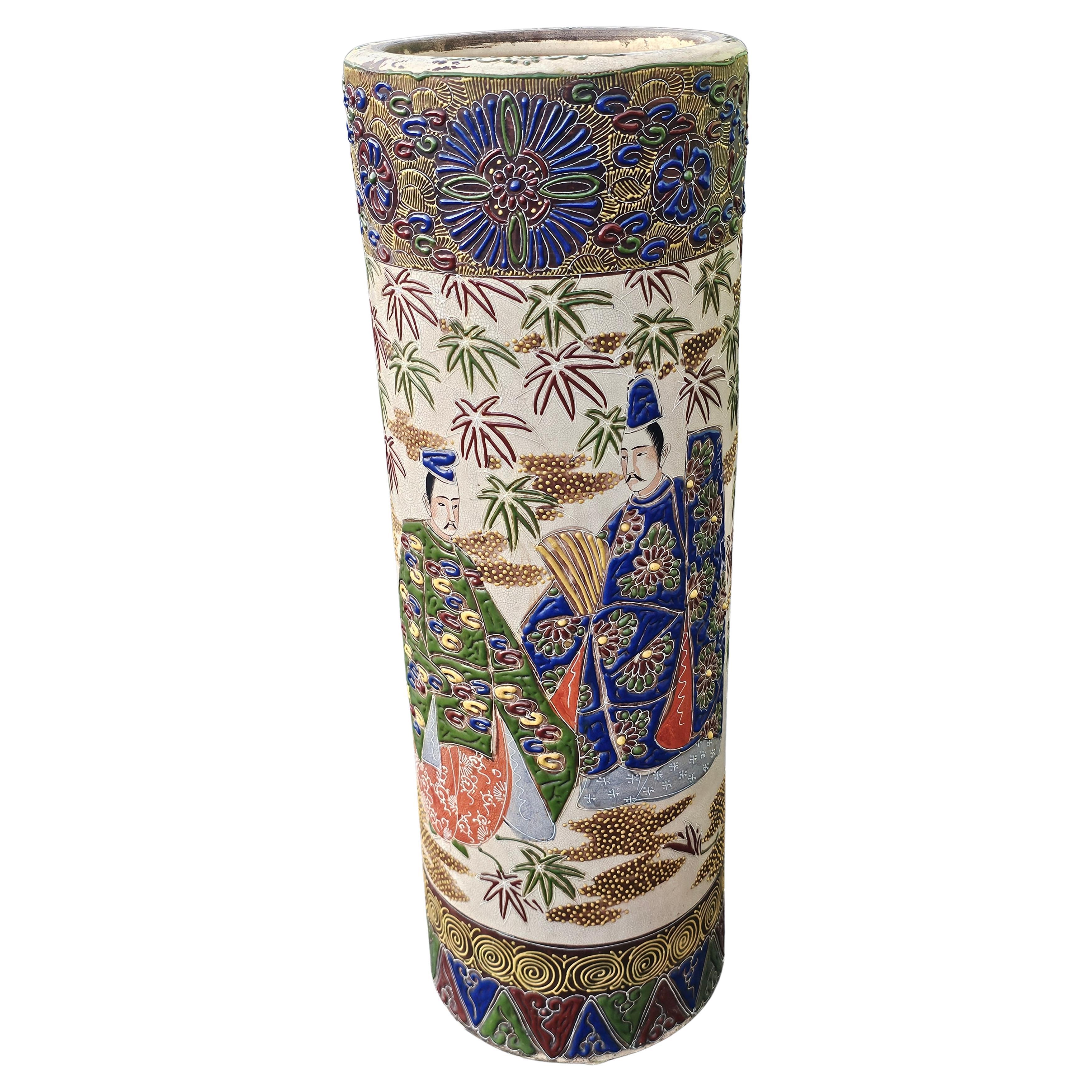 Meiji Satsuma Cylindrical Umbrella Stand Vase with Enamel Samurai Decoration