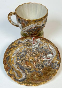 Meiji Satsuma Dragons & Immortals Cup & Saucer by Kitagawa-zō, Signed Dai Nippon