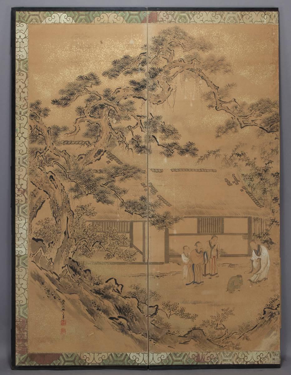 Japanese Qing Dynasty Six-Panel Screen Painting of Landscape With Horses and Figures