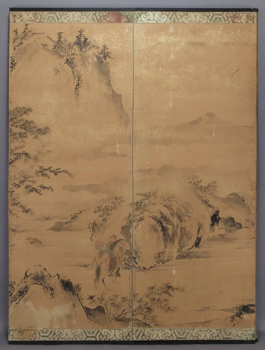 Hand-Painted Qing Dynasty Six-Panel Screen Painting of Landscape With Horses and Figures