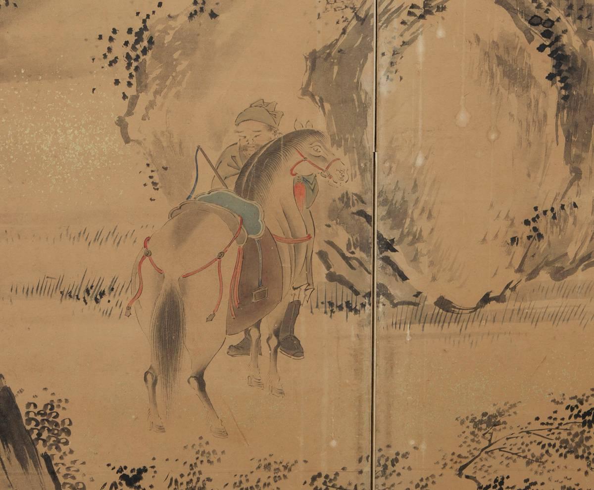 Qing Dynasty Six-Panel Screen Painting of Landscape With Horses and Figures In Good Condition In Dallas, TX