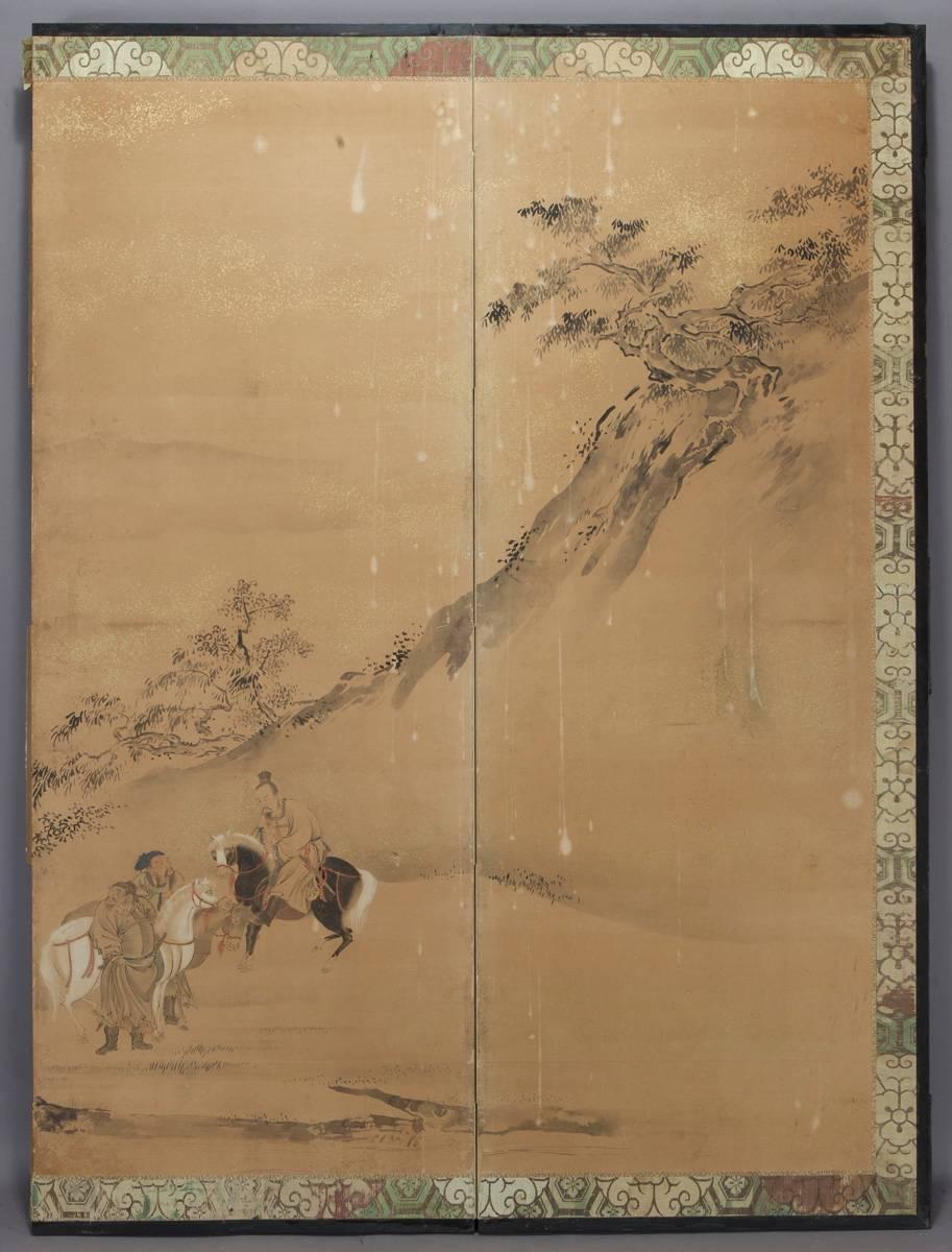 Late 19th Century Qing Dynasty Six-Panel Screen Painting of Landscape With Horses and Figures