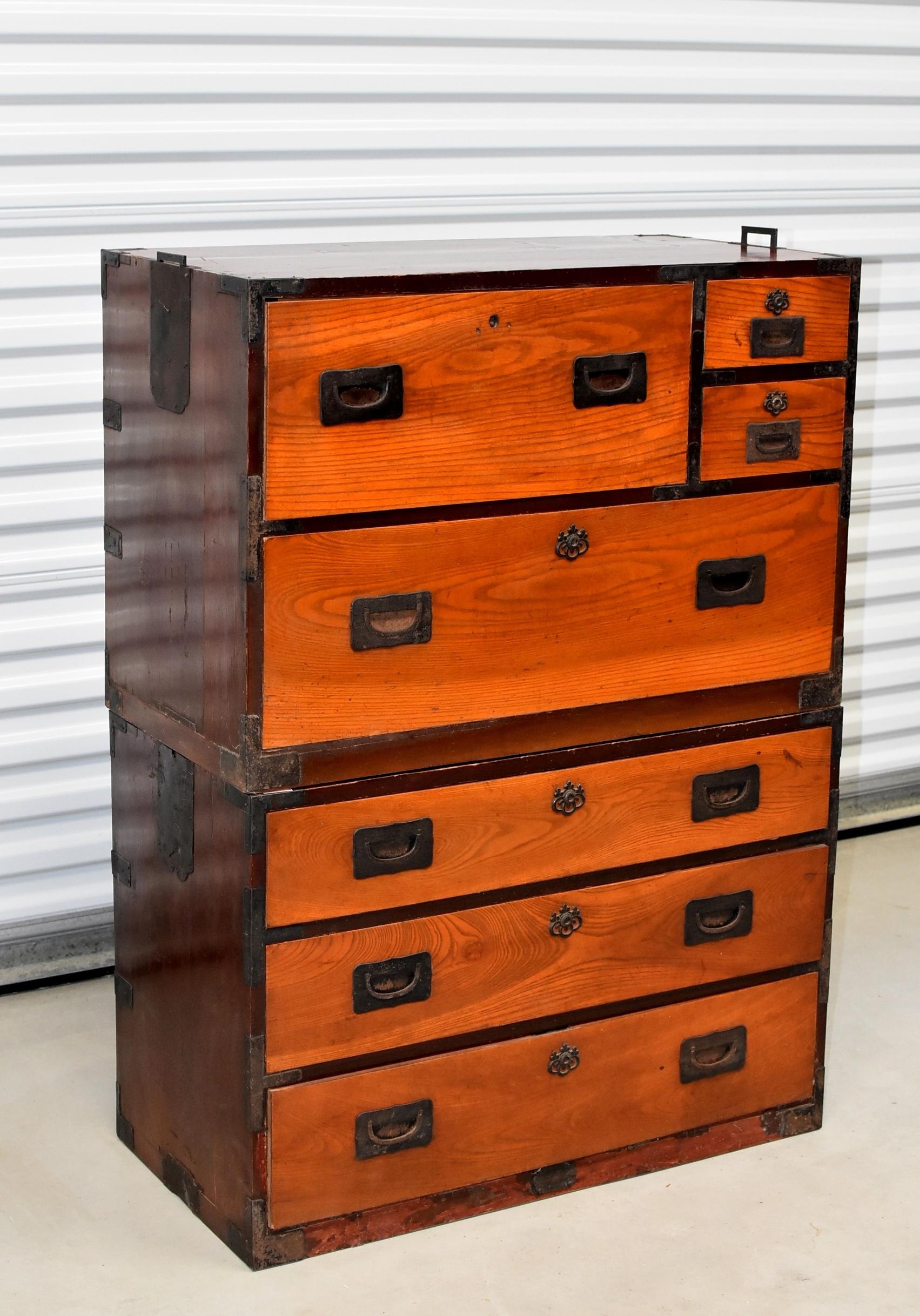 Meiji Vintage Japanese Tansu Two-Tier Chest, Orange Black Contrast In Good Condition In Somis, CA
