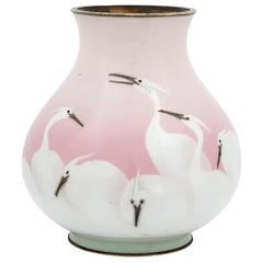 Meiji  Wireless Japanese Cloisonne Pink Enamel Crane Vase