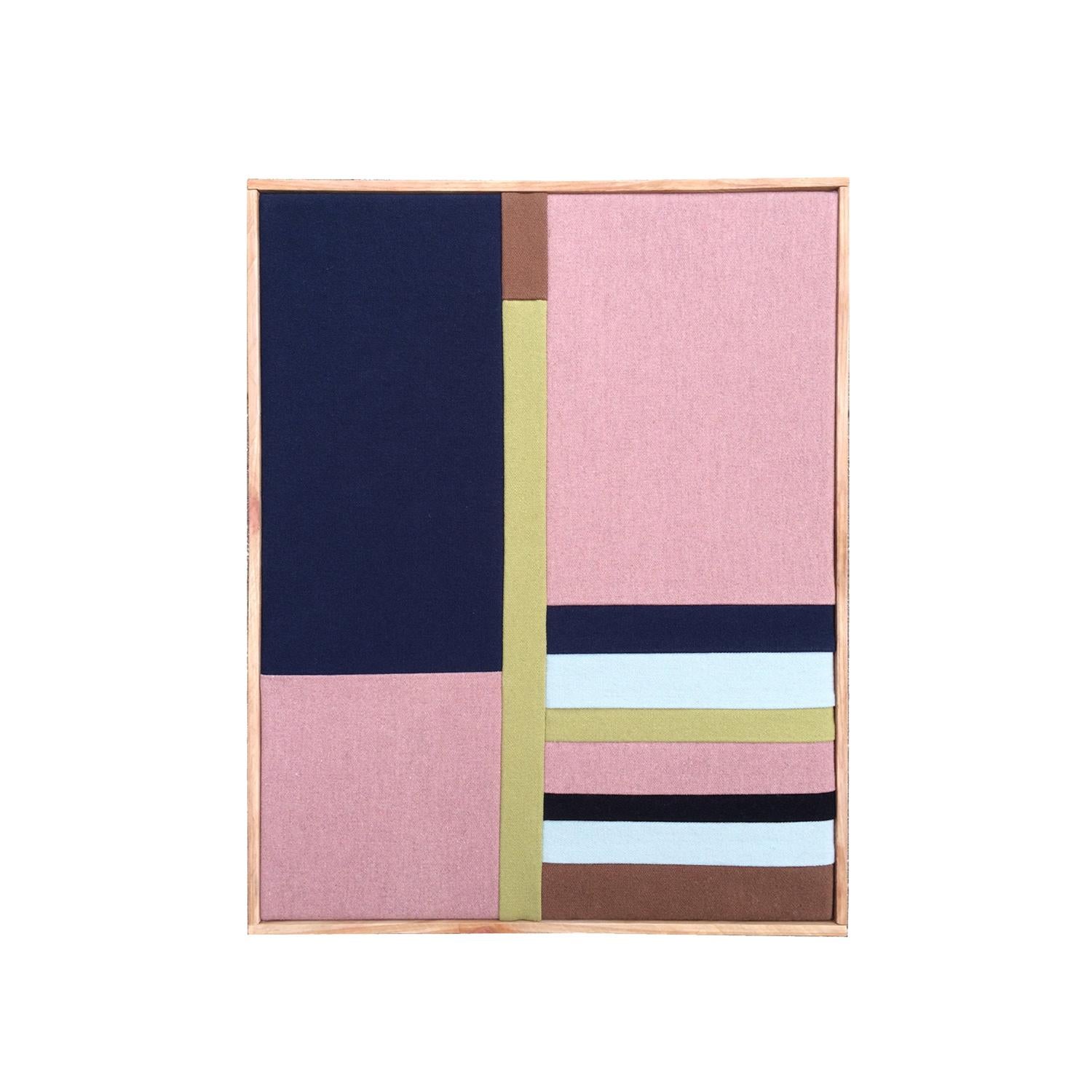 Meike Legler Abstract Painting - Window Pane 3 (textile art pink navy stripes fabric abstract geometric)