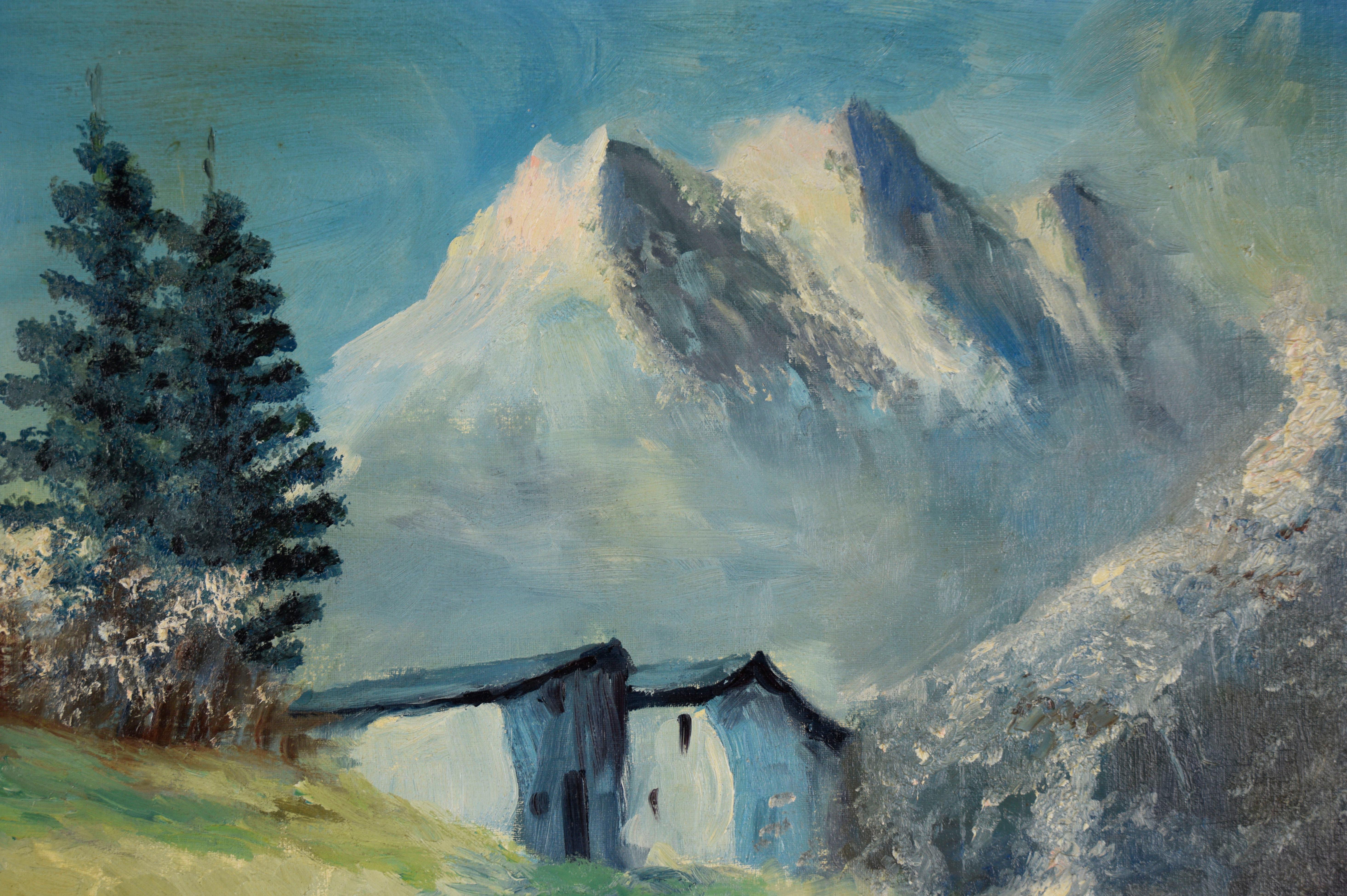 Chalet en los Alpes Suizos - Óleo original sobre tabla - Painting Contemporáneo de Meiklejohn