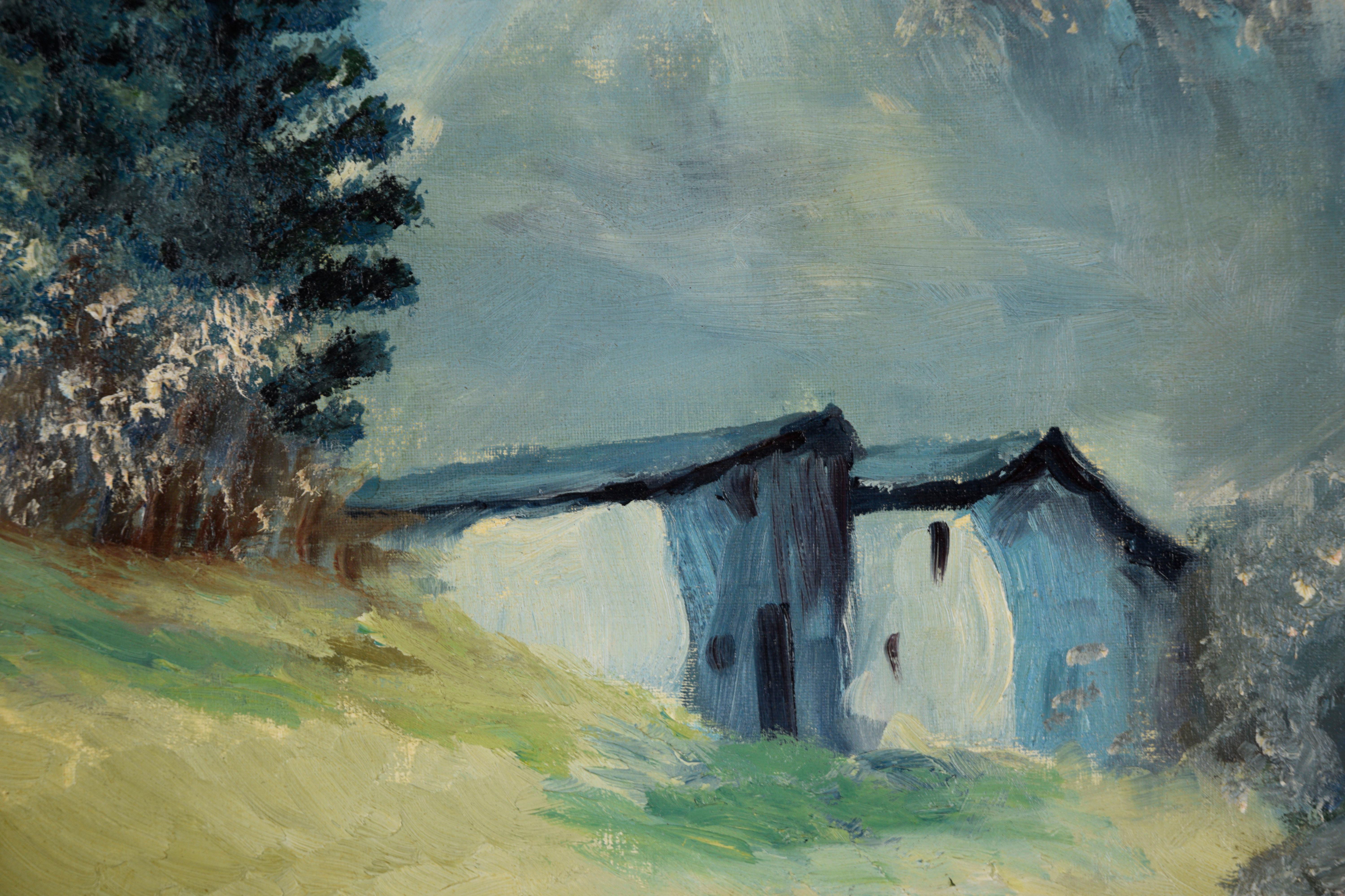 Chalet en los Alpes Suizos - Óleo original sobre tabla - Landscape Painting Gris de Meiklejohn