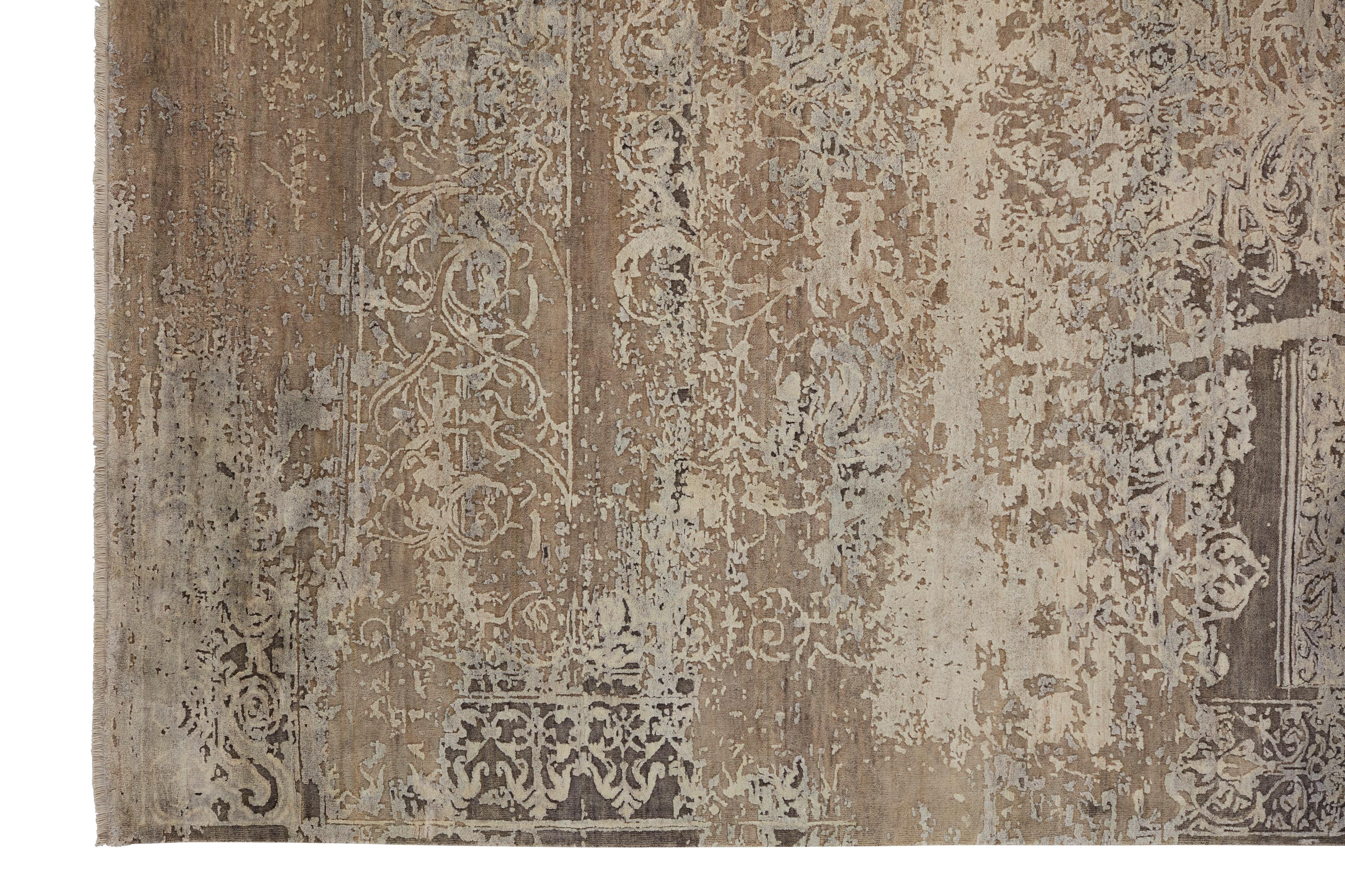 Wool MEILEUR Hand Knotted French Rococo Inspired Rug in Taupe & Grey Colours by Hands For Sale