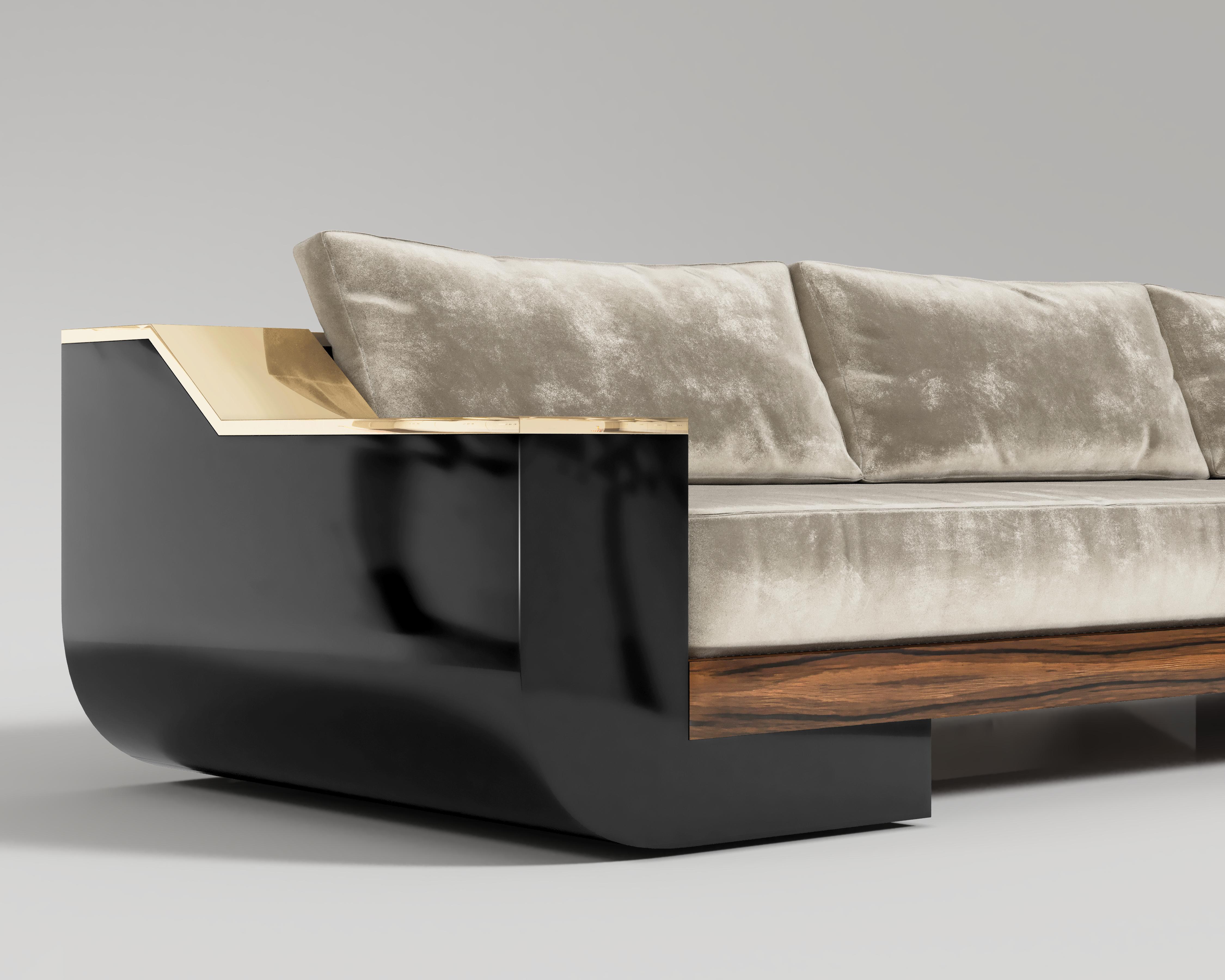 Woodwork Meilleur Nom Sofa in Black Lacquer and Polished Bronze by Palena Furniture For Sale