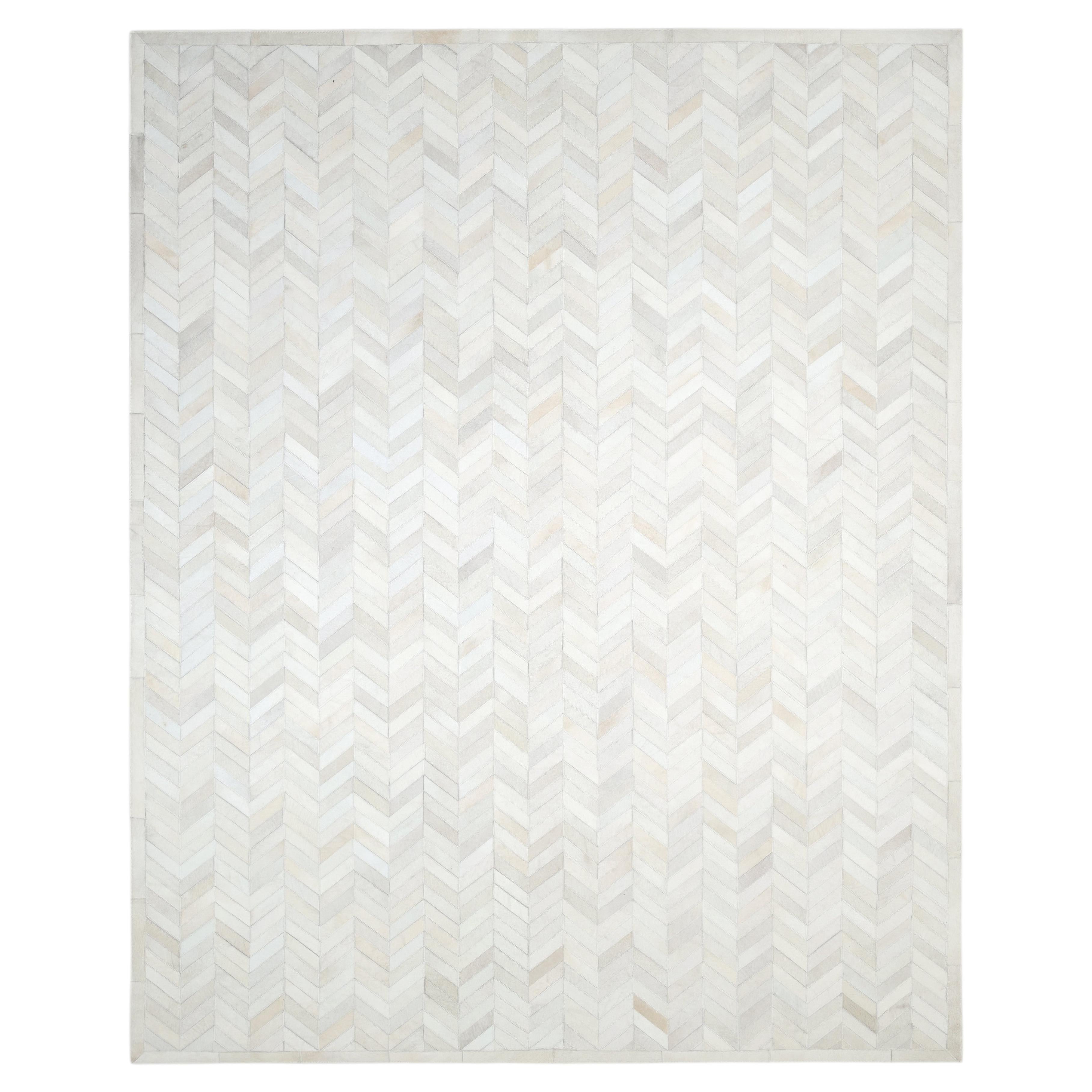 Meir Hand Woven Contemporary Chevron Cowhide 2' 6" x 8' 0" Ivory Area Rug For Sale