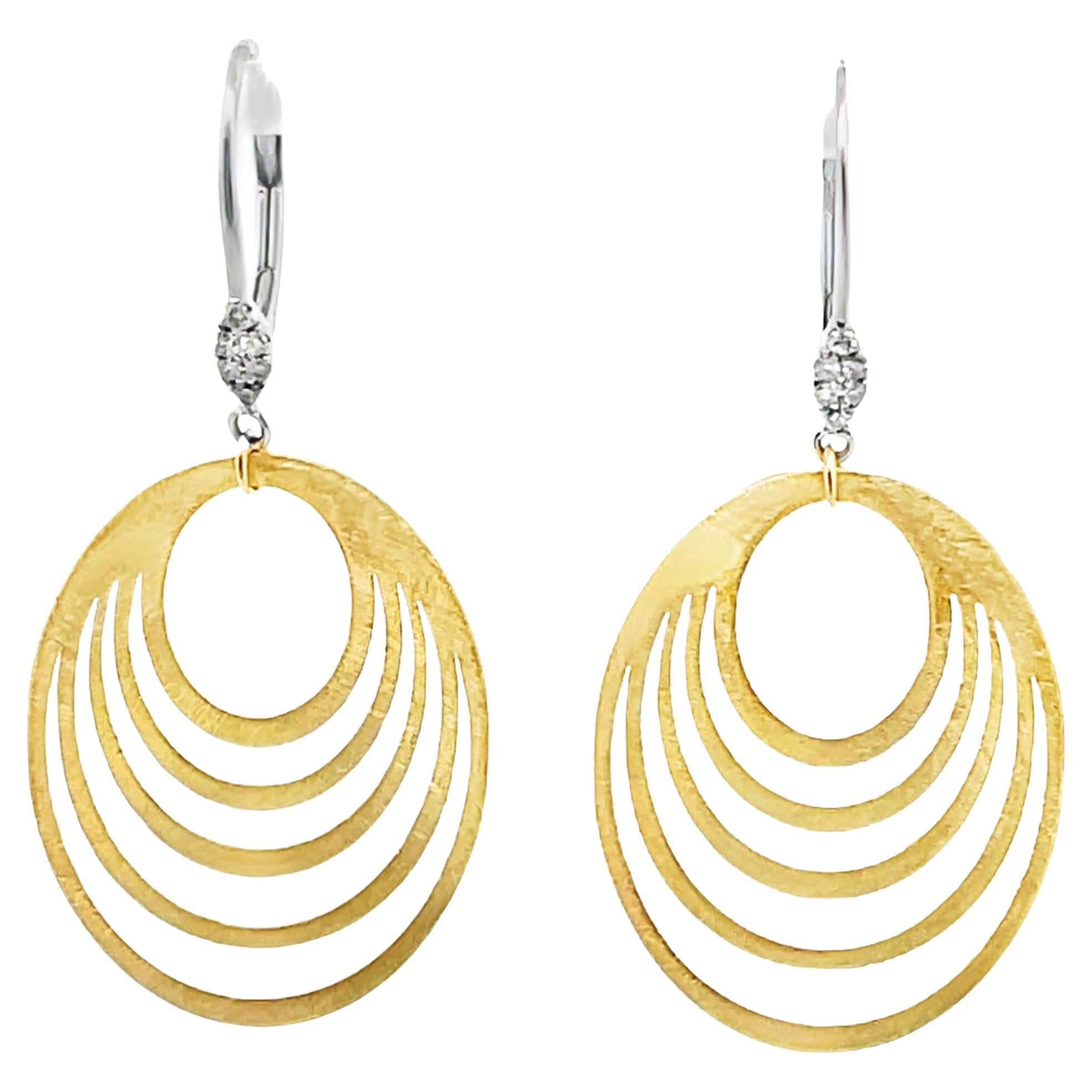 Meira T. 14K Two Tone Gold Dangle Earrings with Diamonds and Concentric Ovals For Sale