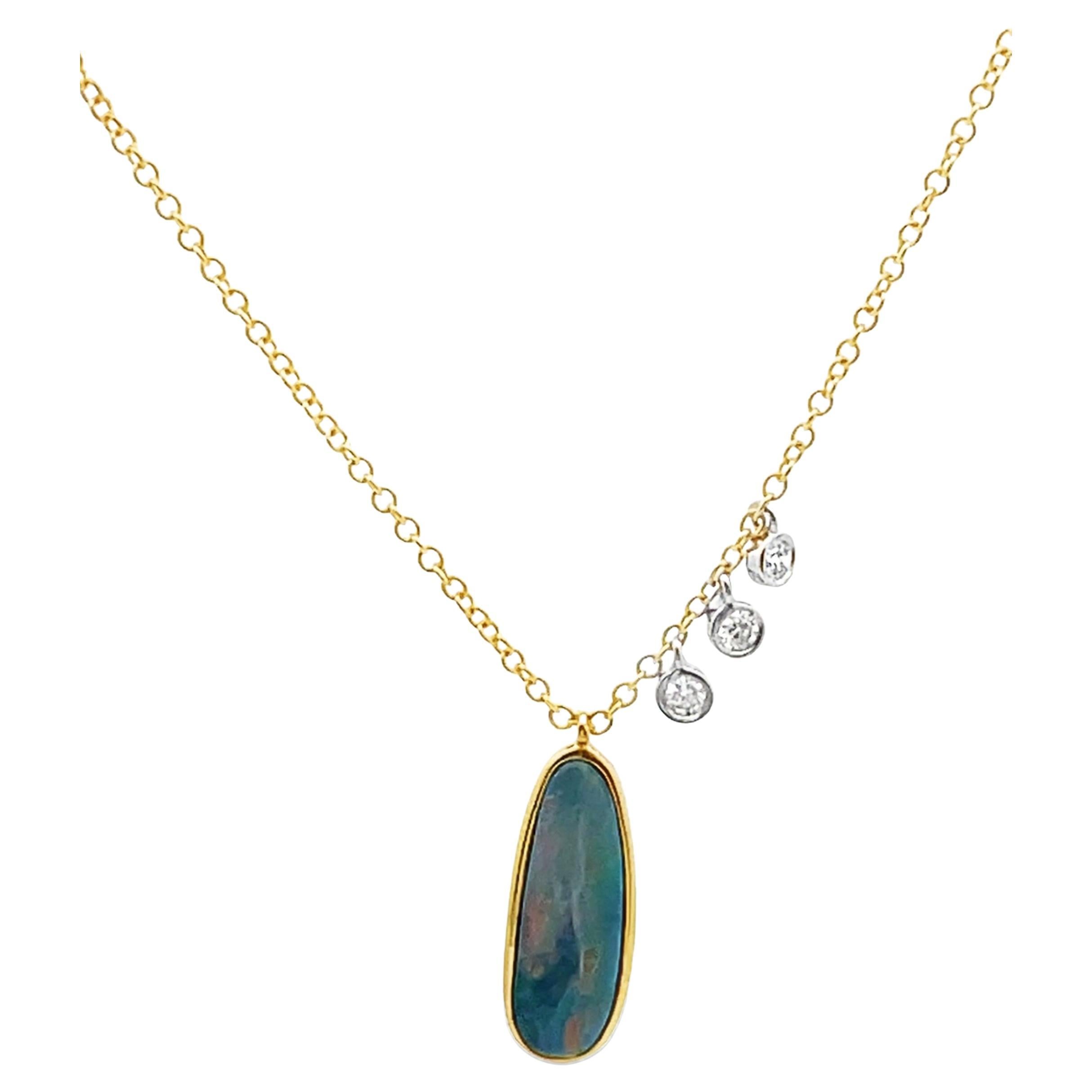 Meira T. 14K Yellow Gold Oval Opal 
Round Diamonds Pendant Necklace For Sale