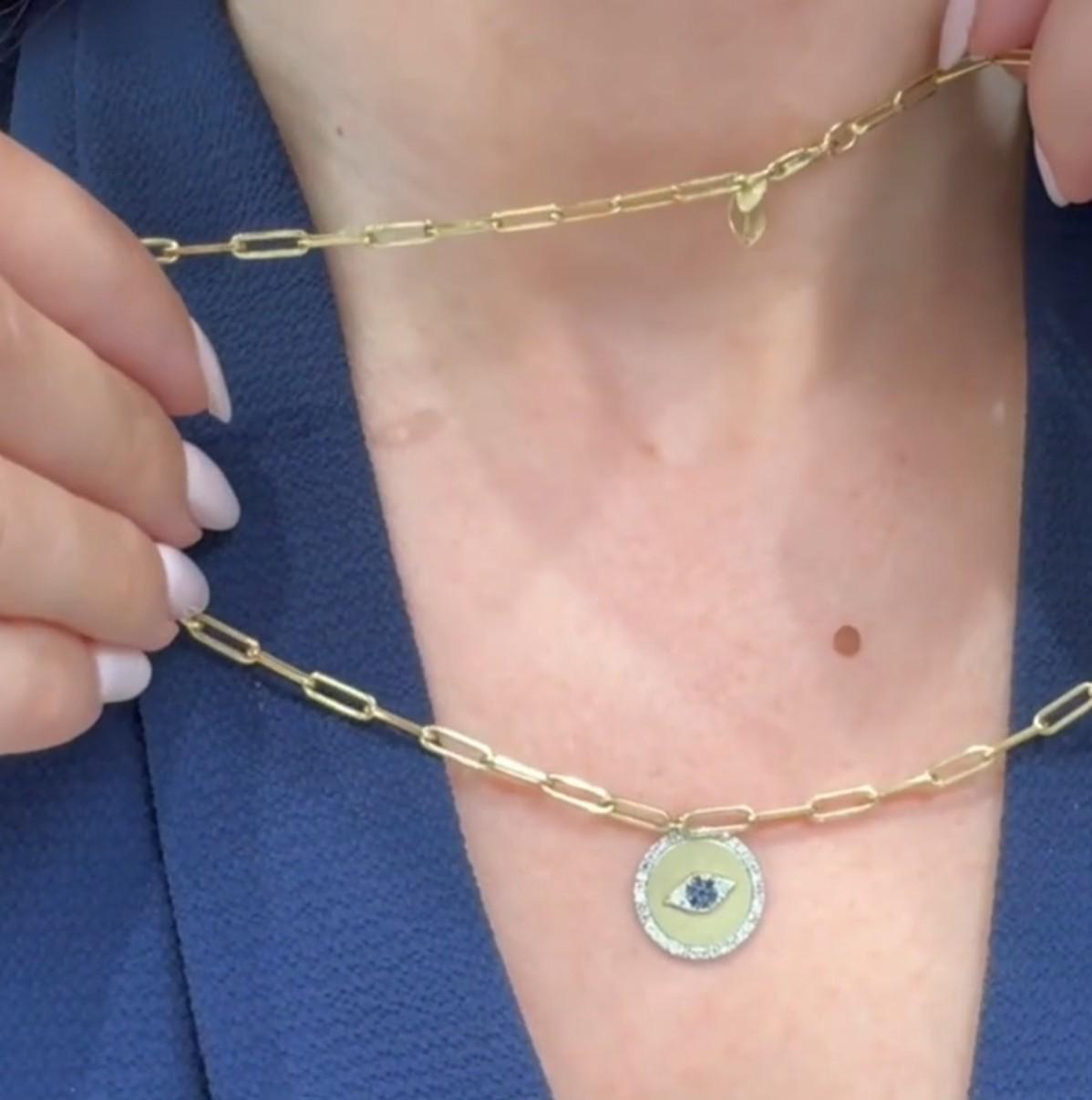 Meira T 14K Yellow Gold Paperclip Chain Evil Eye Medallion Sapphire Necklace For Sale 2