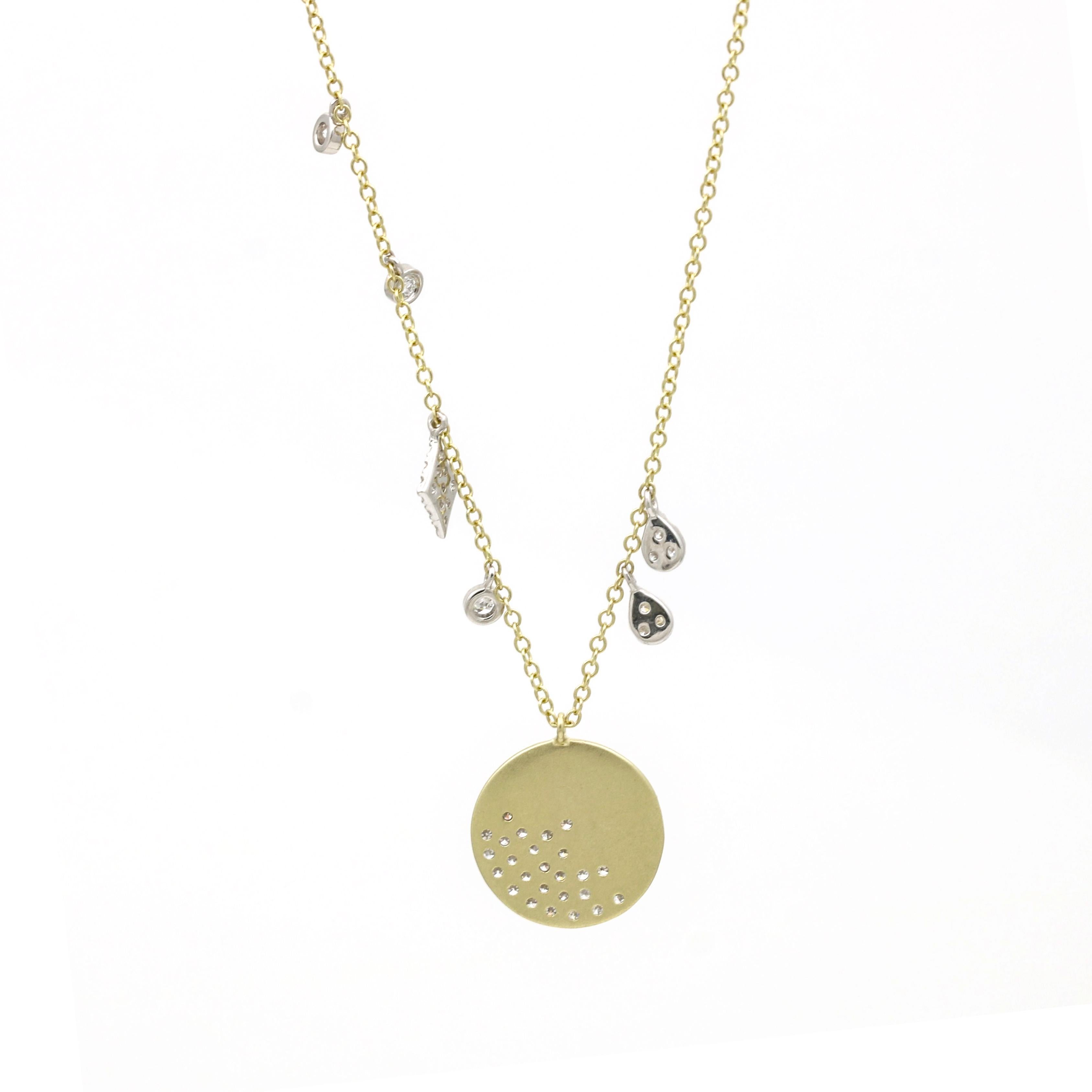 Round Cut Meira T Brushed 14k Gold and Diamonds Necklace with Dangling Charms For Sale