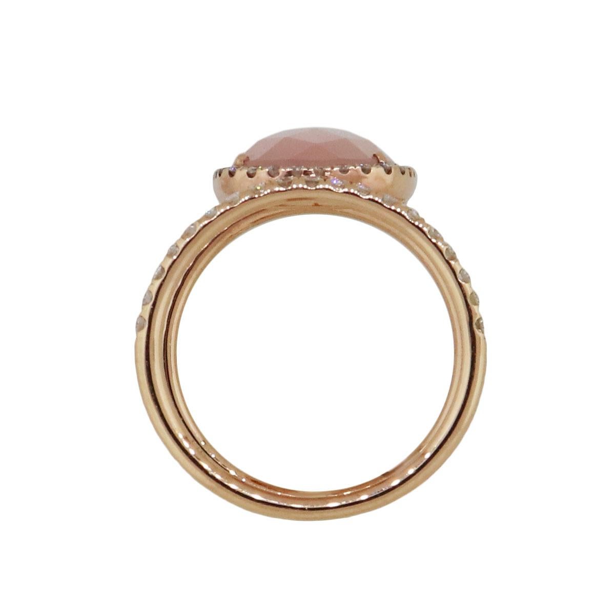 Material: 14k rose gold
Diamond Details: Approximately 0.57ctw of round brilliant diamonds. Diamonds are G/H in color and SI in clarity
Gemstone Details: Rose quartz gemstone measuring approximately 0.60″ x 0.36″
Ring Measurements: 0.89″ x 0.81″ x