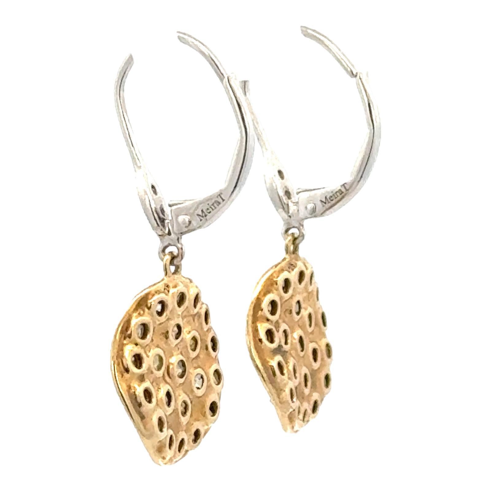 Mixed Cut Meira T Diamond Drop 14 Karat Yellow & White Gold Disc Drop Dangle Earrings