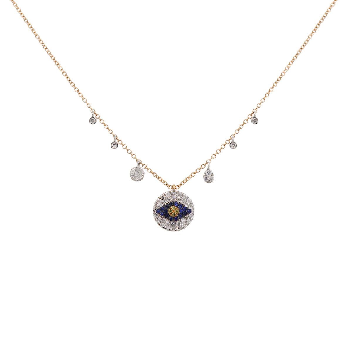 Material: 14k rose gold
Diamond Details: Approximately 0.30ctw of round diamonds. Diamonds are G/H in color and VS in clarity
Gemstone Details: Round shape blue sapphire
Measurements: Necklace measures 16.5″ – 18″
Pendant Measurements: 0.40″ x 0.04″