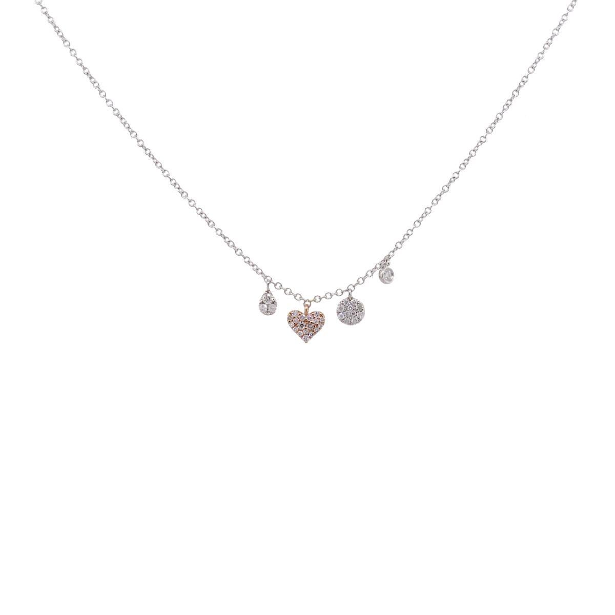 Material: 14k white gold
Diamond Details: Approximately 0.18ctw of round diamonds. Diamonds are G/H in color and VS in clarity
Measurements: Necklace measures 16.5″ – 18″
Fastening: Lobster claw clasp
Item Weight: 2g (1.2dwt)
Additional Details: