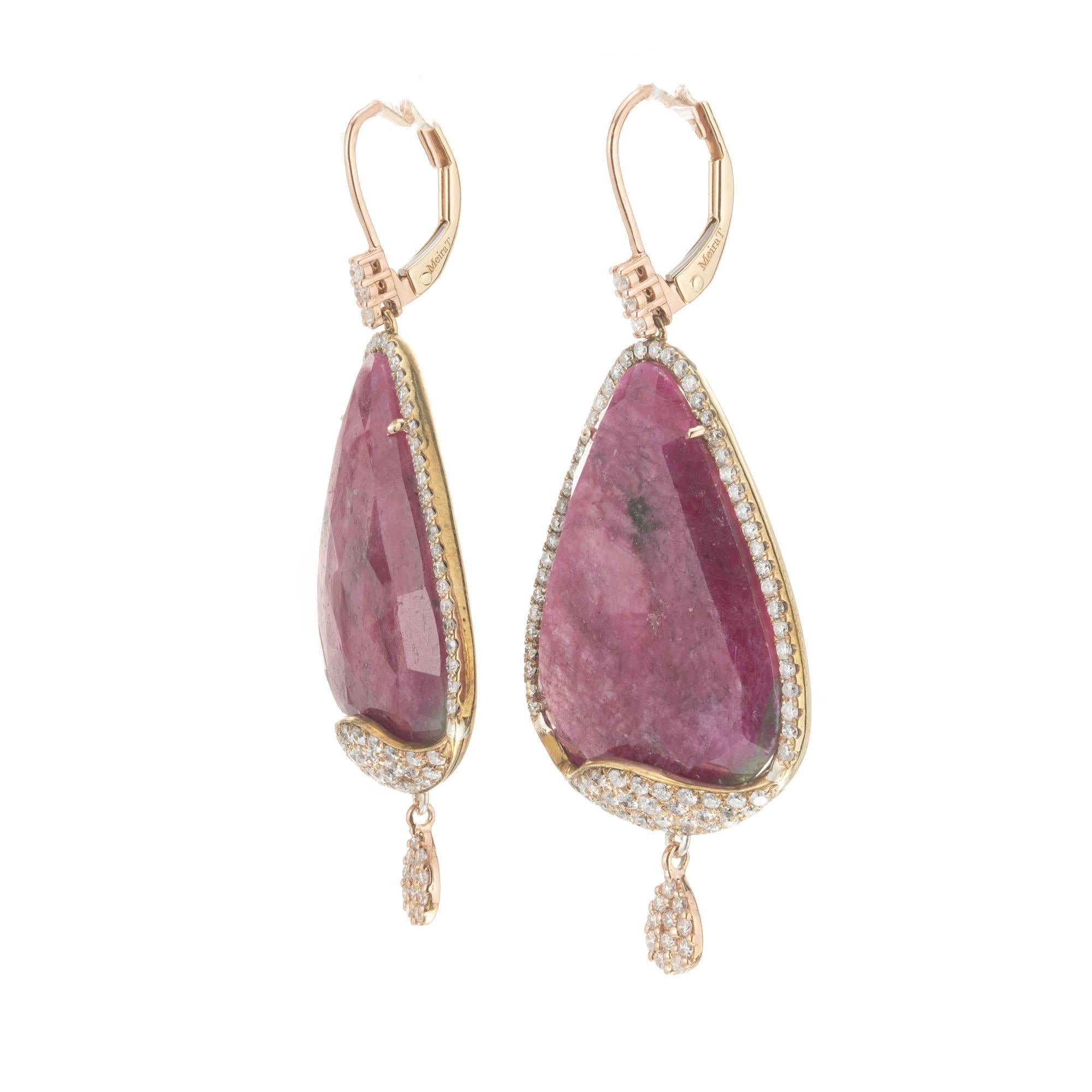 Meira T ruby and diamond dangle earrings. Natural 34.38ct ruby stones with 148 round diamonds set in 14k rose gold with pear shaped diamond cluster dangles. One ruby stone was randomly chose for testing by the GIA, certified natural, no heat stone.