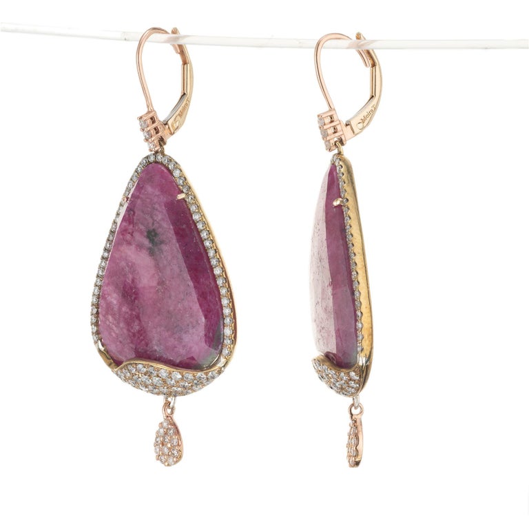 Meira T Gia Certified 34 38 Carat Ruby Diamond Rose Gold Dangle Earrings For Sale At 1stdibs