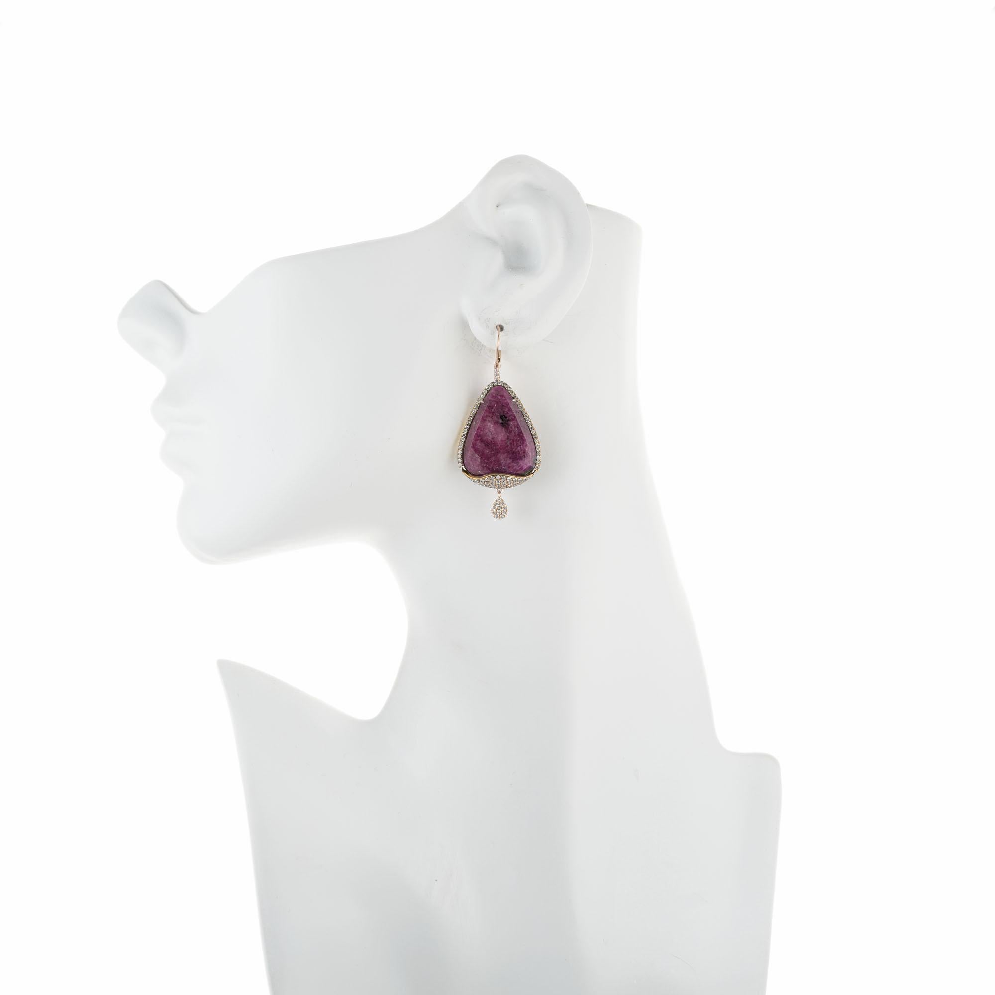 Women's Meira T. GIA Certified 34.38 Carat Ruby Diamond Rose Gold Dangle Earrings For Sale