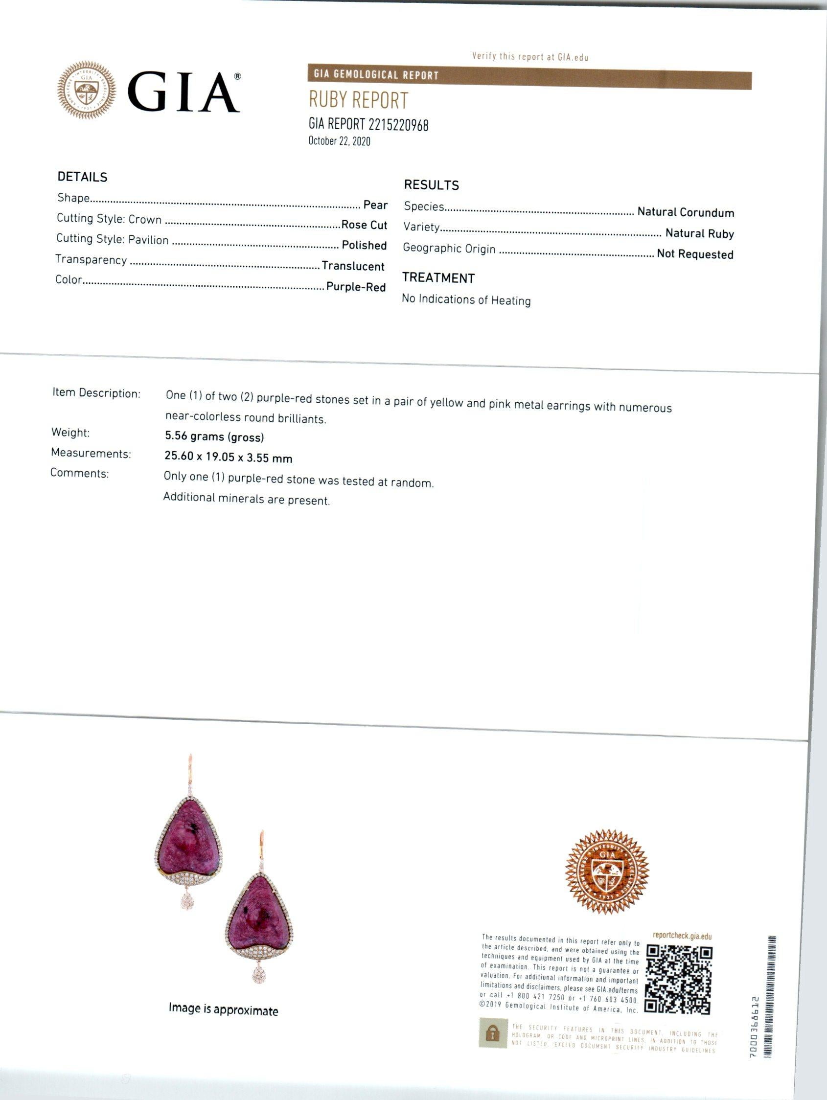 Meira T. GIA Certified 34.38 Carat Ruby Diamond Rose Gold Dangle Earrings For Sale 1