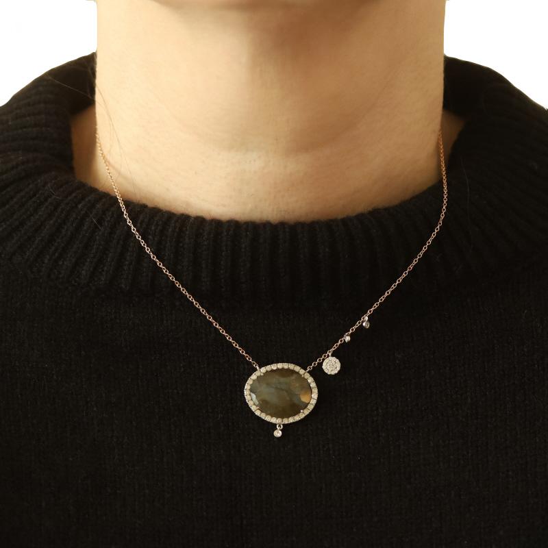 Brand: Meira T

Metal Content: 14k Rose Gold & Sterling Silver

Stone Information

Natural Labradorite
Carat(s): 5.6
Cut: Oval

Natural Diamonds
Carat(s): 1.1
Cut: Round Brilliant
Color: H - I
Clarity: I2

Total Carats: 6.70

Style: Halo
Chain