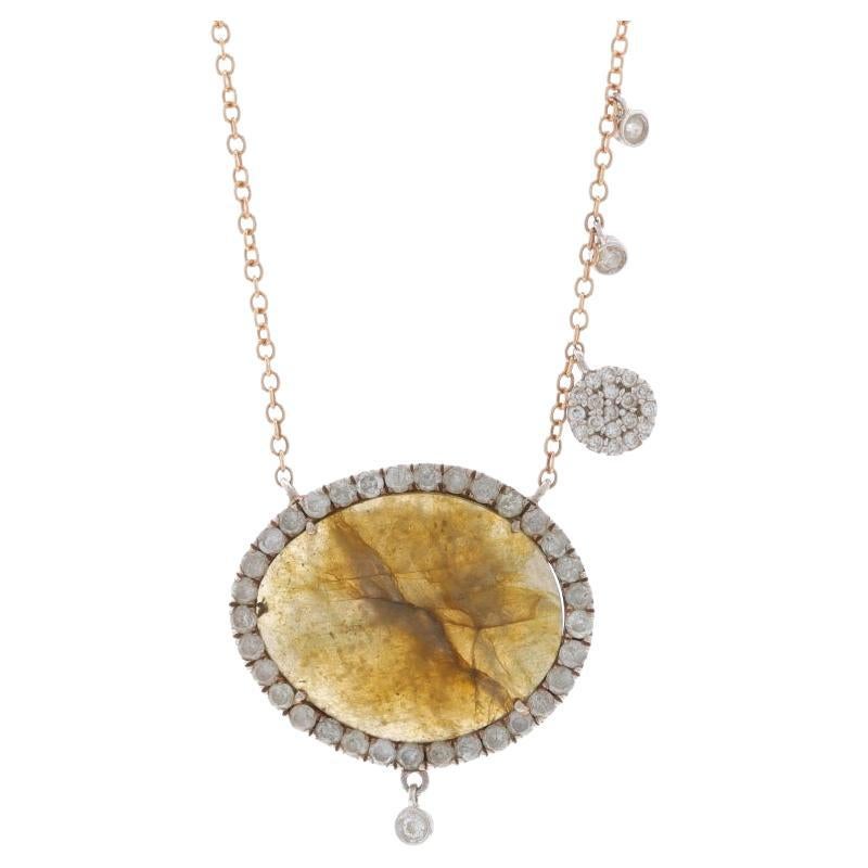 Meira T Labradorite Diamond Halo Pendant Necklace 16" - Rose Gold 14k 925 Oval For Sale