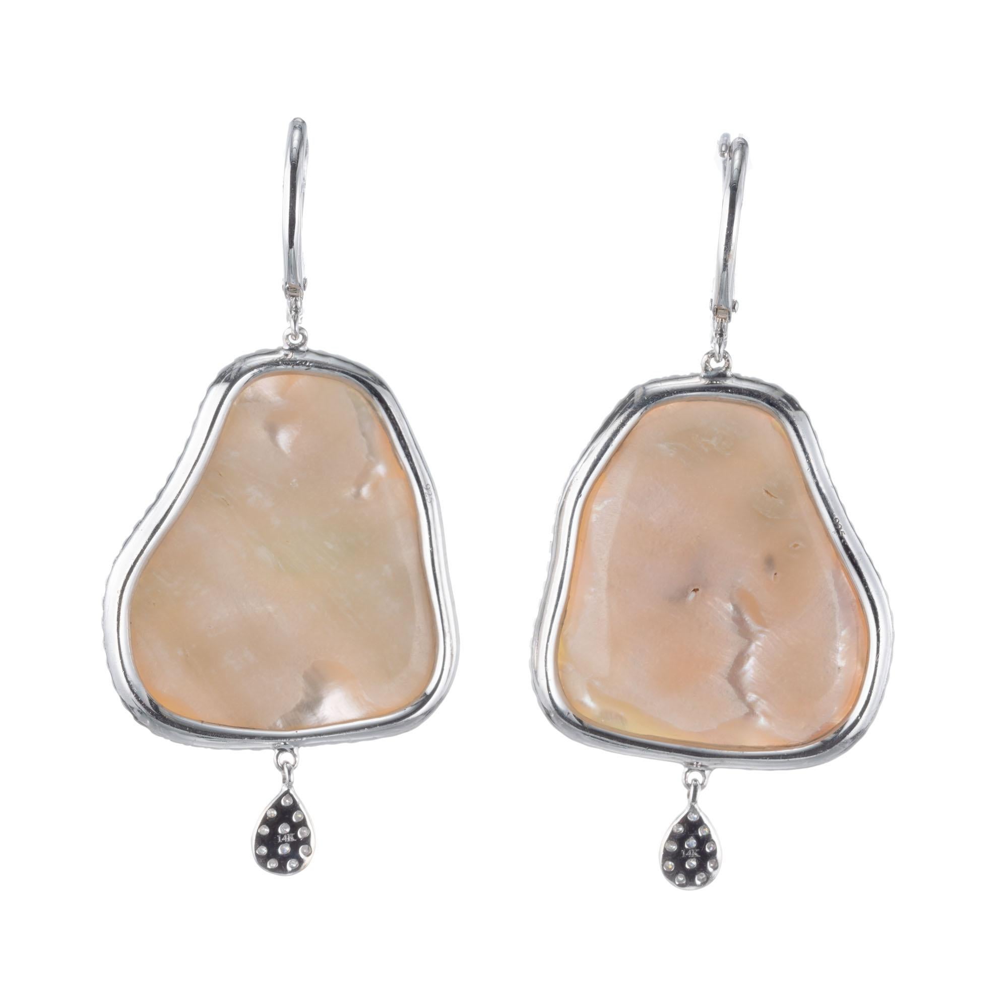 Round Cut Meira T Mother of Pearl Diamond Gold Dangle Earrings For Sale