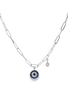 Meira T N13062 14K White Gold Evil Eye Paperclip Necklace Adjustable Length