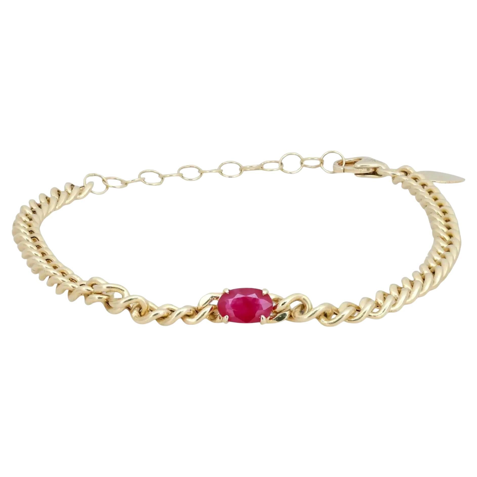Meira T Oval Shape Ruby Cuban Link Chain Bracelet 14K Yellow Gold