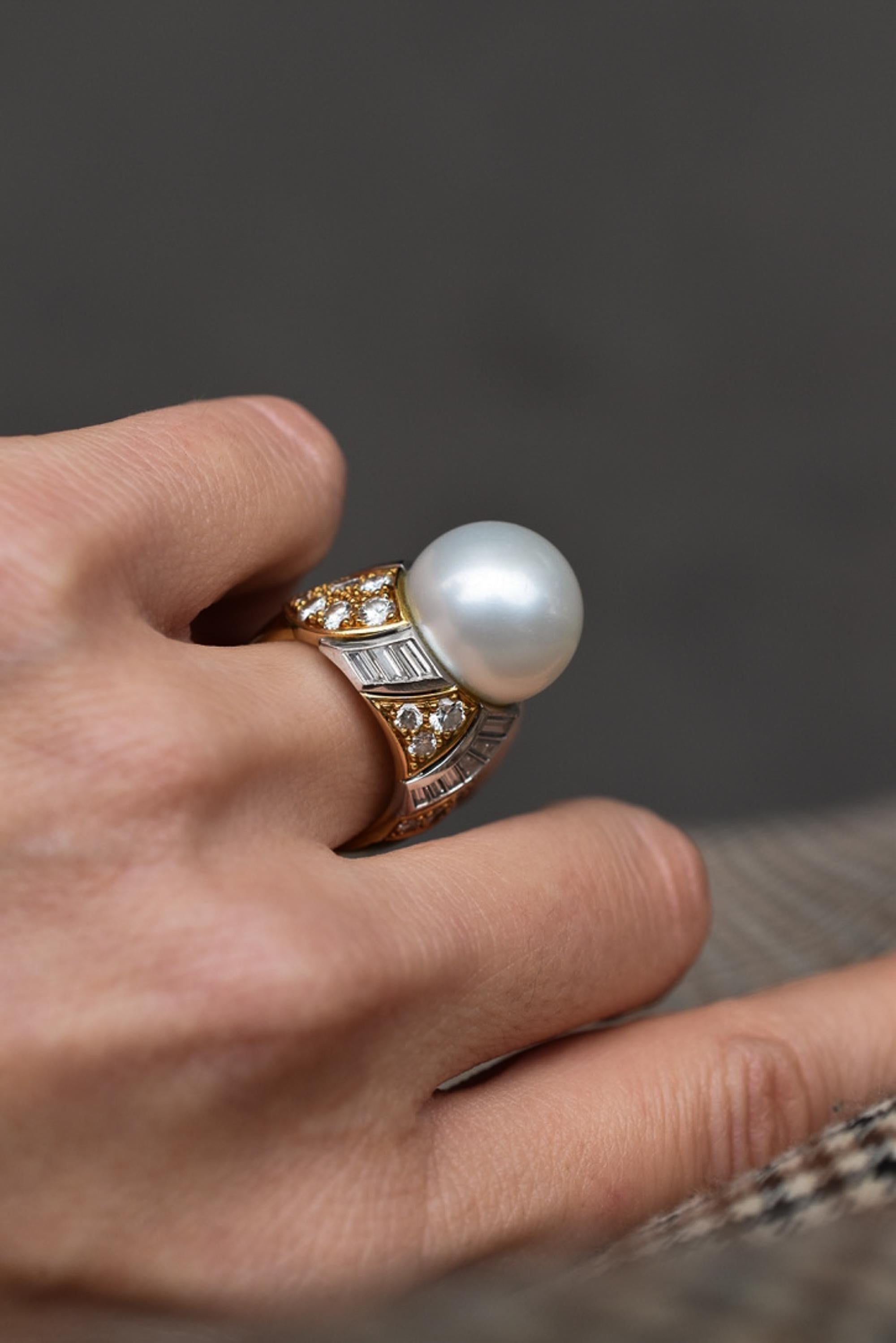 Brilliant Cut Meiser Cultured Pearl and Diamond Ring For Sale