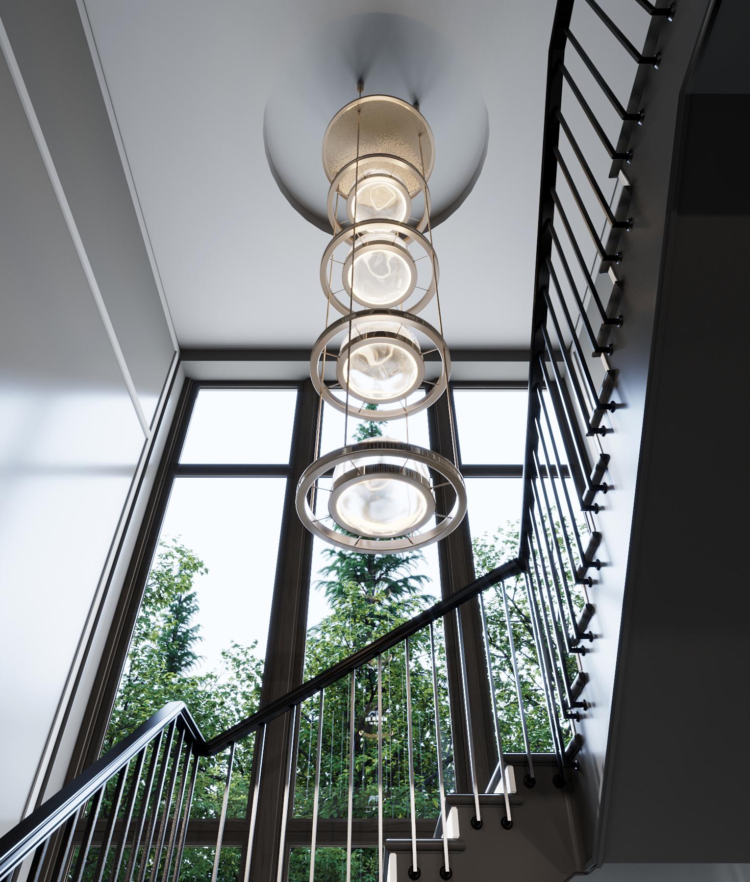 Contemporary Meissa IV Grand Stainless Steel Polished Chandelier with Art-Deco Vibes For Sale